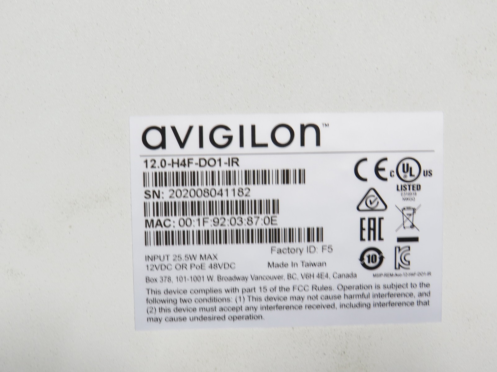 Avigilon 12.0-H4F-DO1-IR 12MP 360-Degree Fisheye Camera With IR (AS-IS) [CTA]