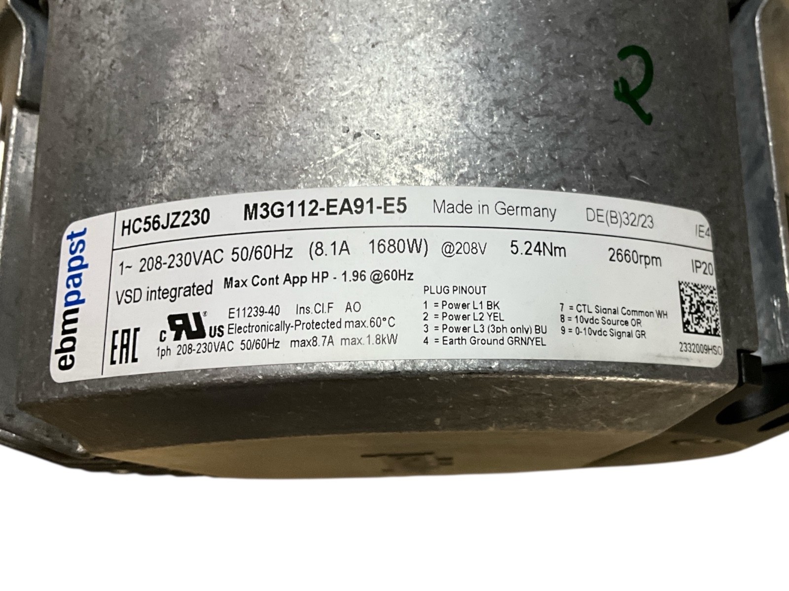 Ebmpapst: Electric Motor HC56JZ230, M3G112-EA91-E5, 208/230VAC, 50/60Hz, 2660RPM