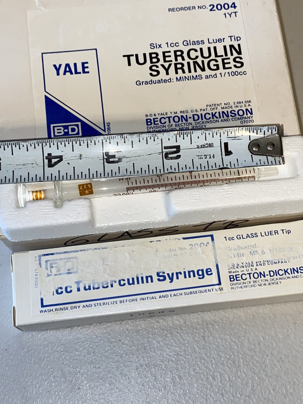 (6) Becton-Dickinson Yale 1cc glass Luer tip tuberculin syringes