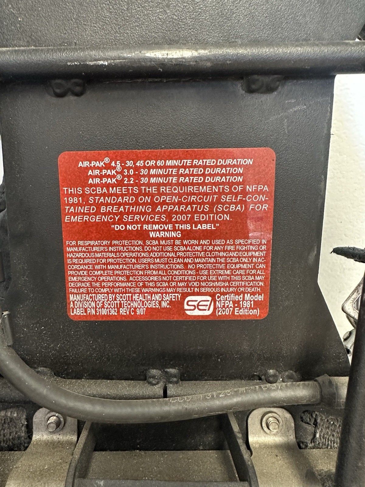 Scott Air-Pak 4.5 CBRN SCBA Harness 2007ed Pak-Alert EZ Flo Regulator HUD AP75