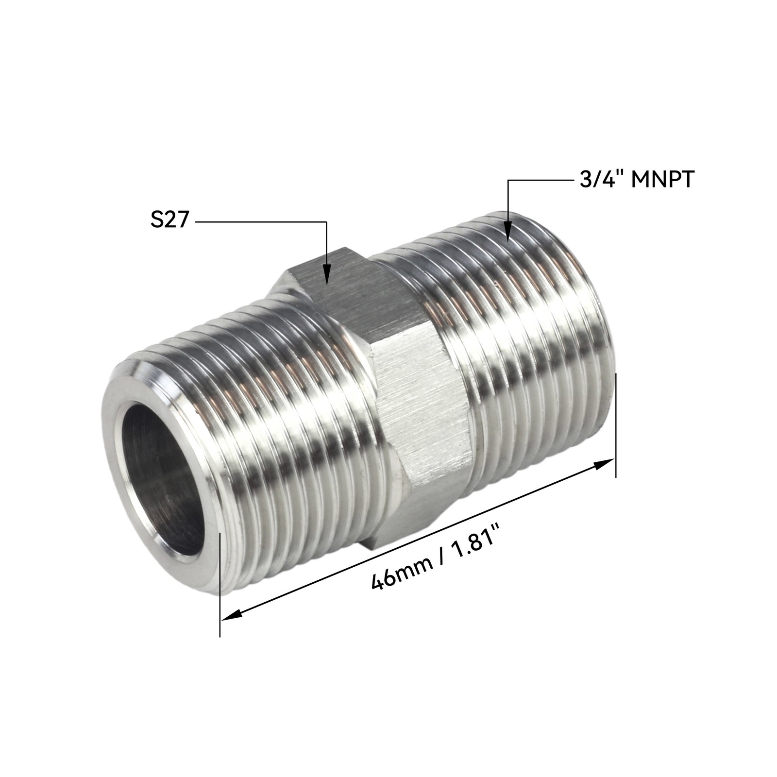 3/4″ NPT Male x 3/4″ NPT Male Hex Nipple Pipe Adapter Stainless Steel 304