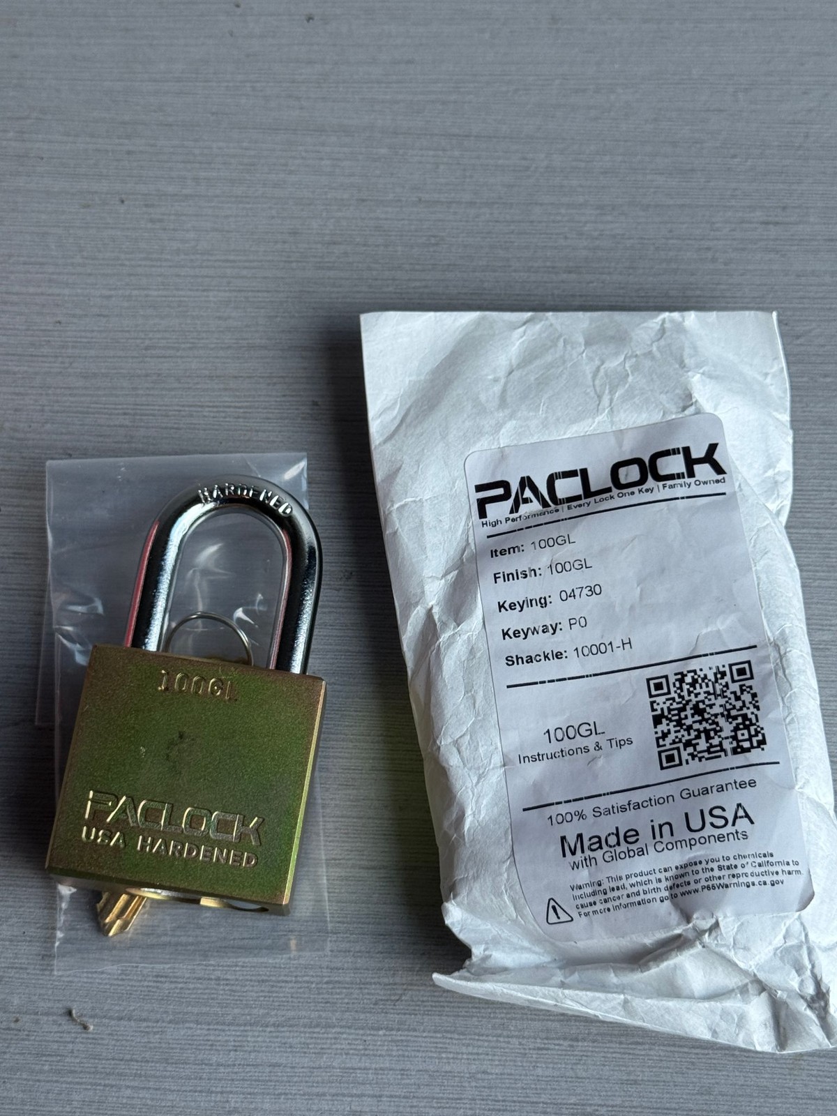 PACLOCK Padlock Keyed 100GL Brass Hardened Shackle With Keys 04730 Made in USA