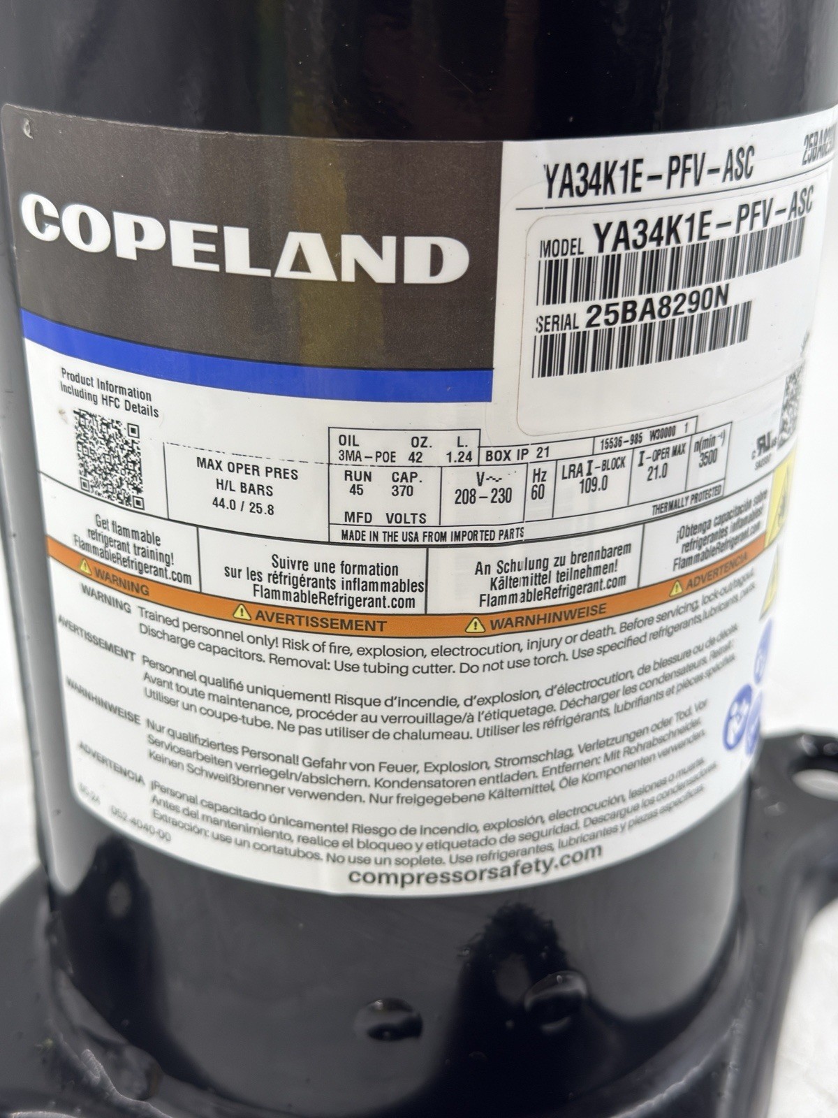 Copeland Scroll Compressor YA34K1E-PFV-ASC 230V 1 PH 60 Hz Tested #A1-21