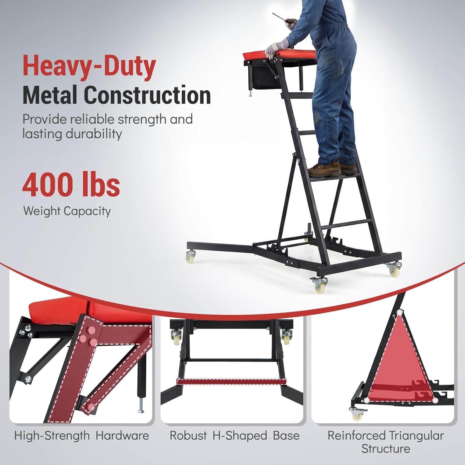 Foldable Topside Engine Creeper 42″-69″ Adjustable 400LBS Black Red