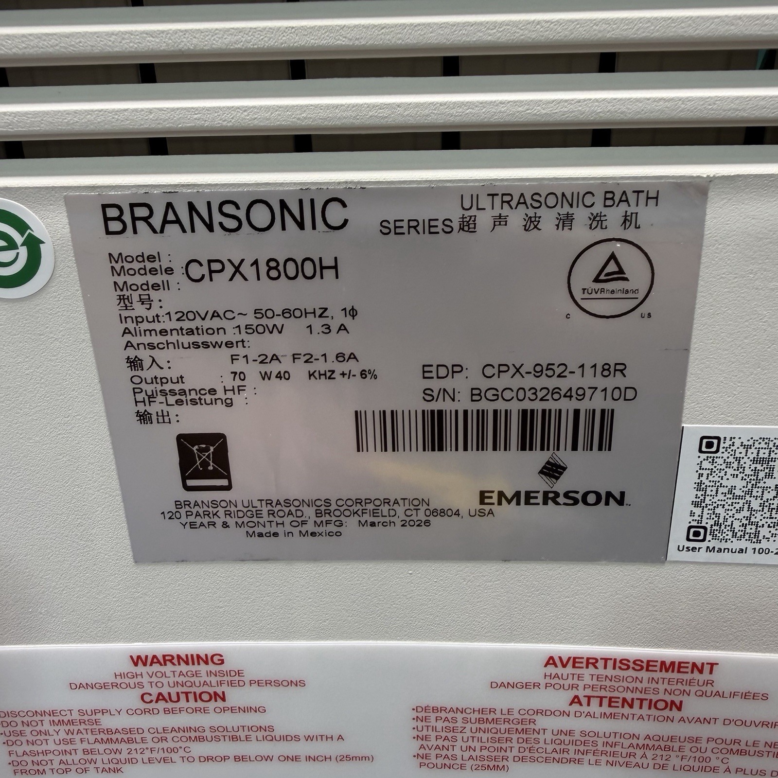 Branson CPX1800H Ultrasonic Cleaner 0.5 gal, Degas/Heat/Sweep, Timer