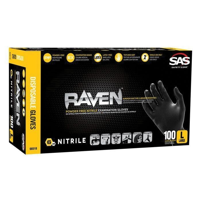 SAS 66518 RAVEN Black Nitrile Gloves Powder 100/BX L