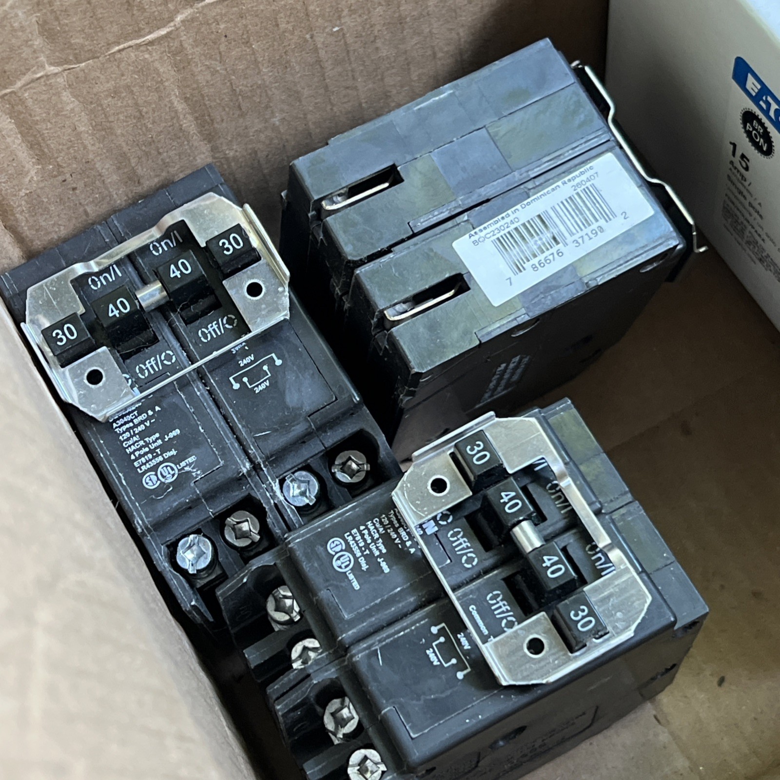 X3 Eaton BQC230240 quad 2P 30A 2P 40A 240v plug on circuit breaker Cutler Hammer