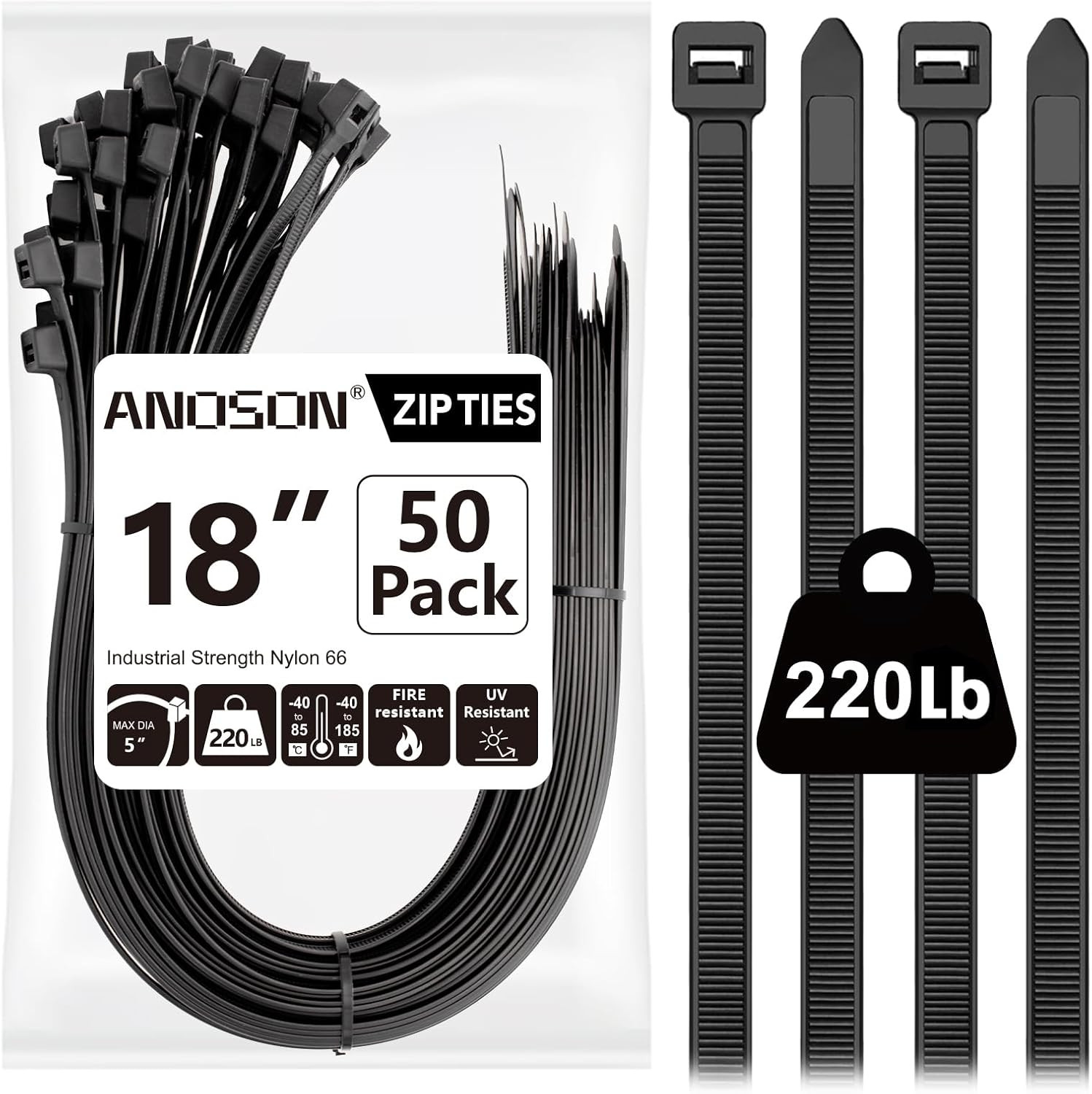 Large Zip Ties 18 Inch, 50 Pack, Long Zip Ties Heavy Duty with 220 Lb Tensile St