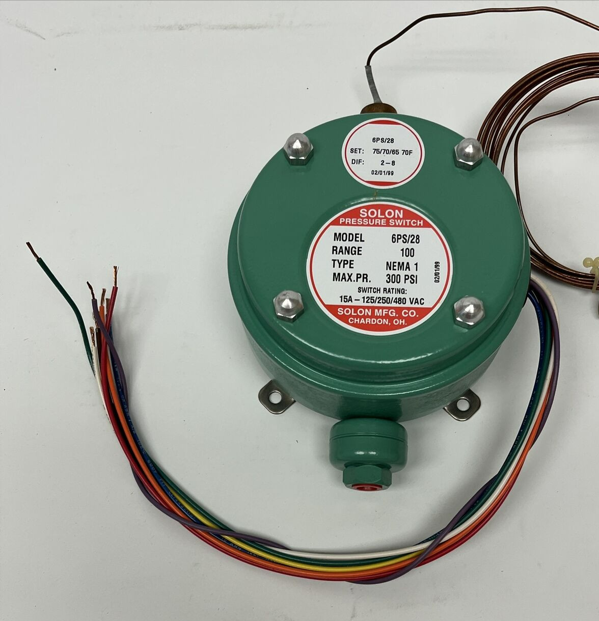 NEW IN BOX Solon 6PS/28 Pressure Switch 15A – 125/250/480VAC 300PSI