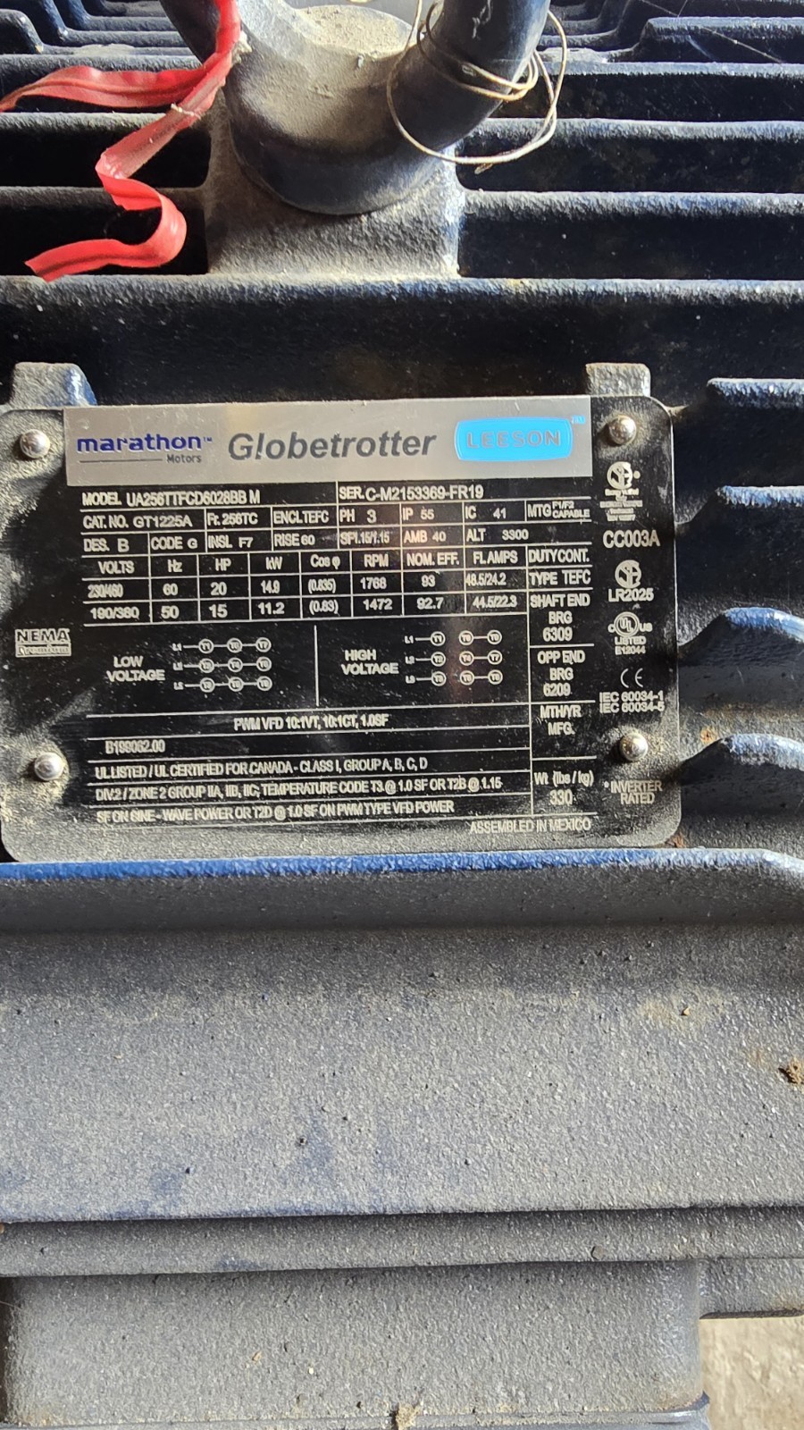 Marathon Motors Globetrotter 20HP 3PH TEFC 230/460V 1768RPM IP55