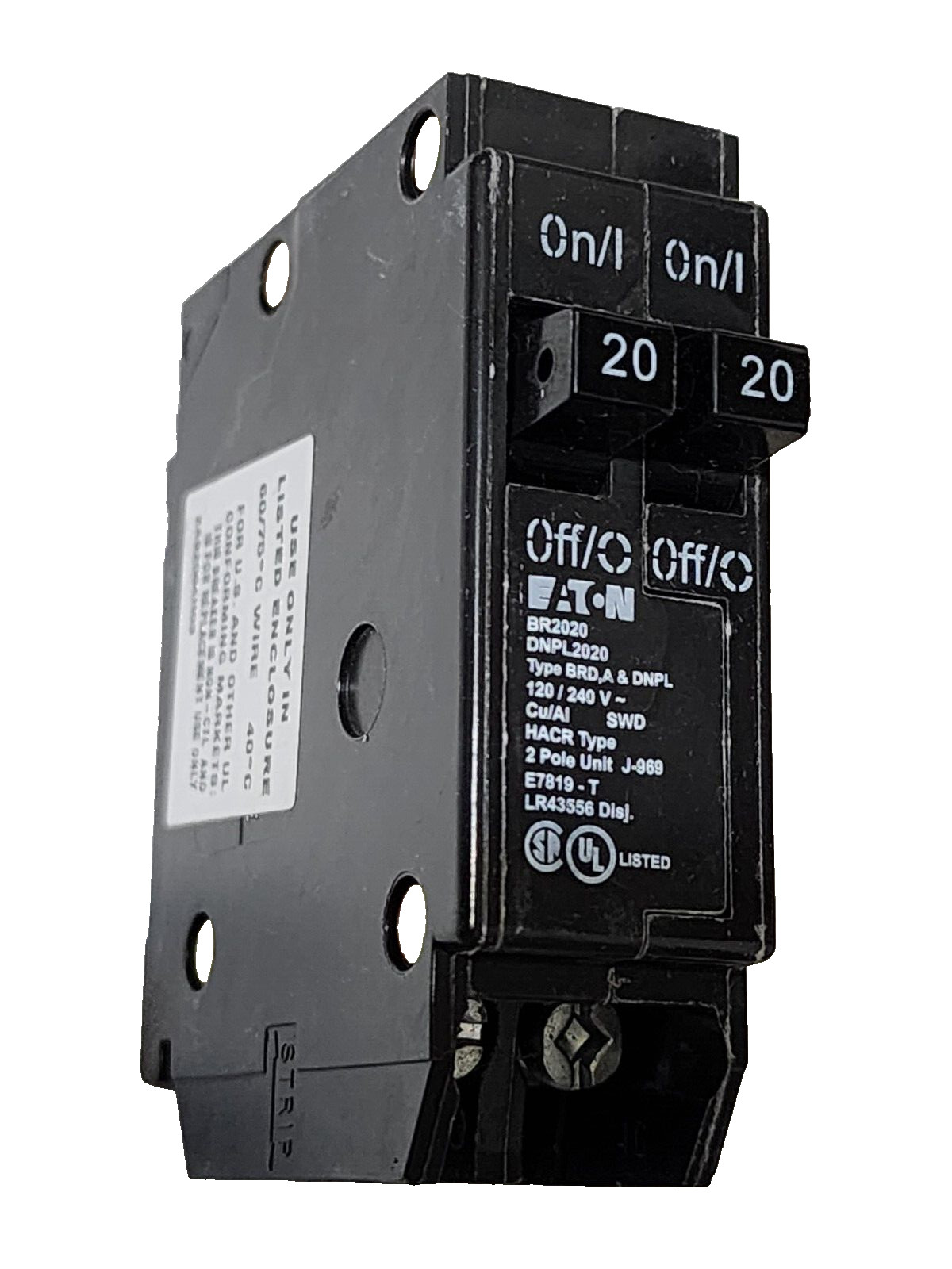 EATON BR2020, 2 Pole 20/20 Amp, 120/240Vac Plug-In, Type BRD & A Circuit Breaker