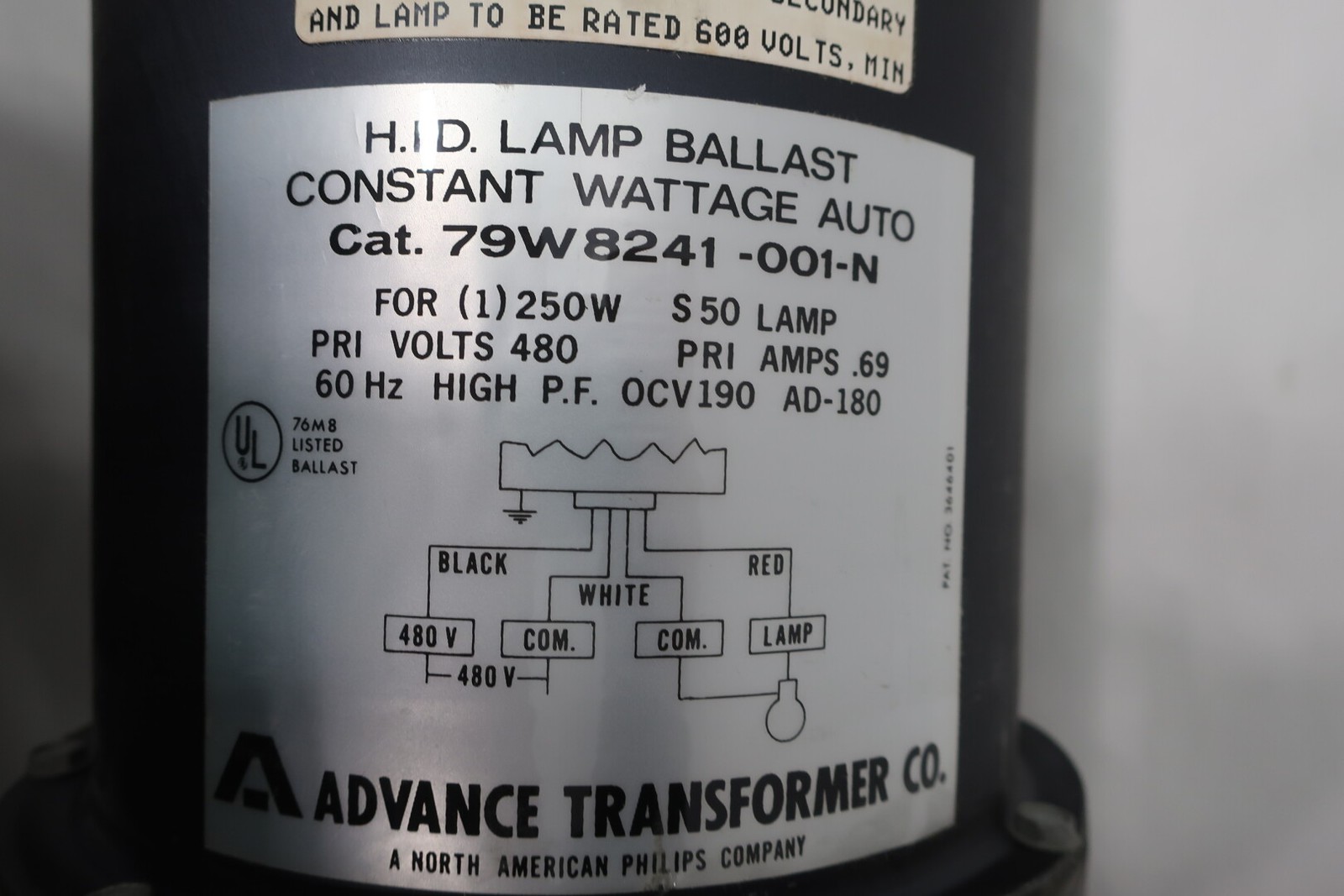 Advance Transformer 79W8241-001-N Lamp Ballast 250w 480v-ac