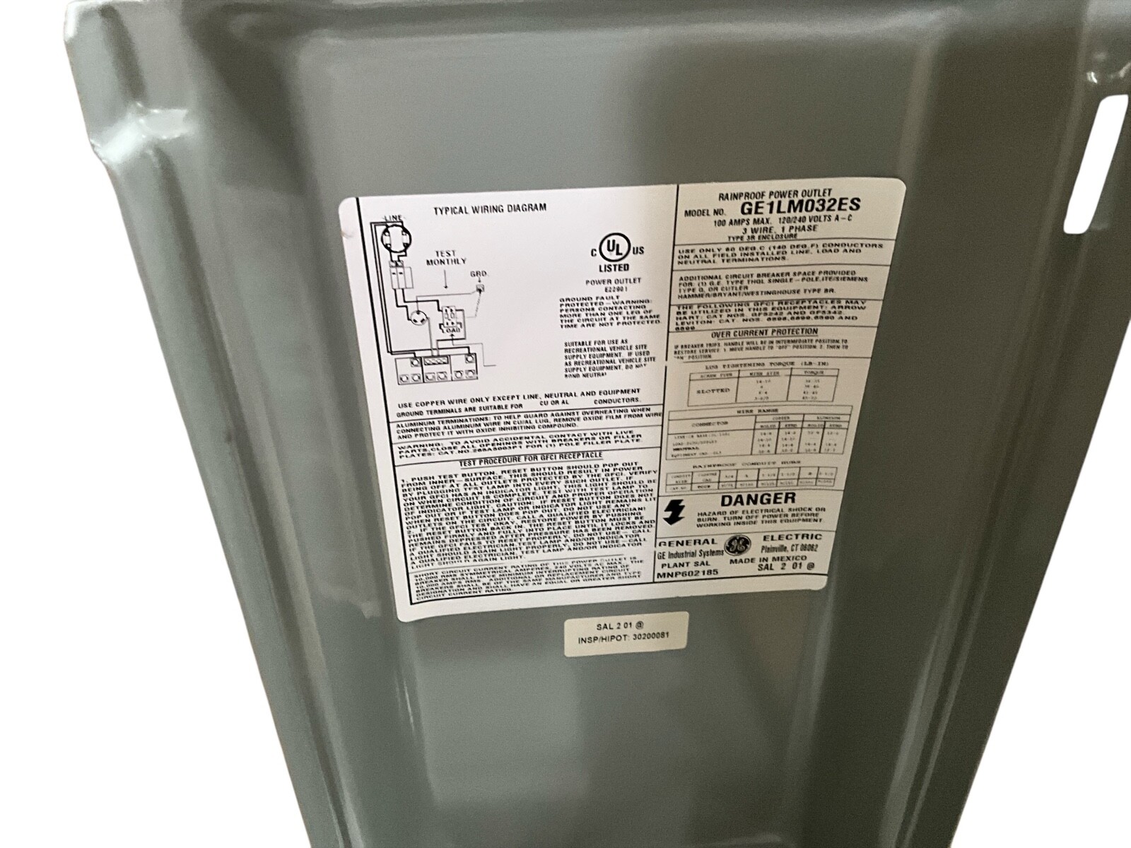 GE GE1LM032ES Recreation Vehicle 70 Amps 120/240V Enclosure NEMA 3R 1PH