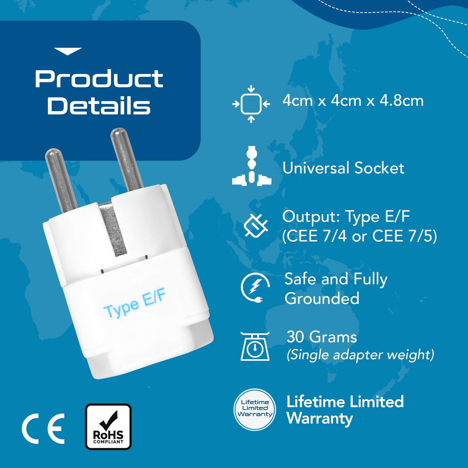 Schuko, Germany France Travel Power Adapter, Grounded European Plug Type E/F…