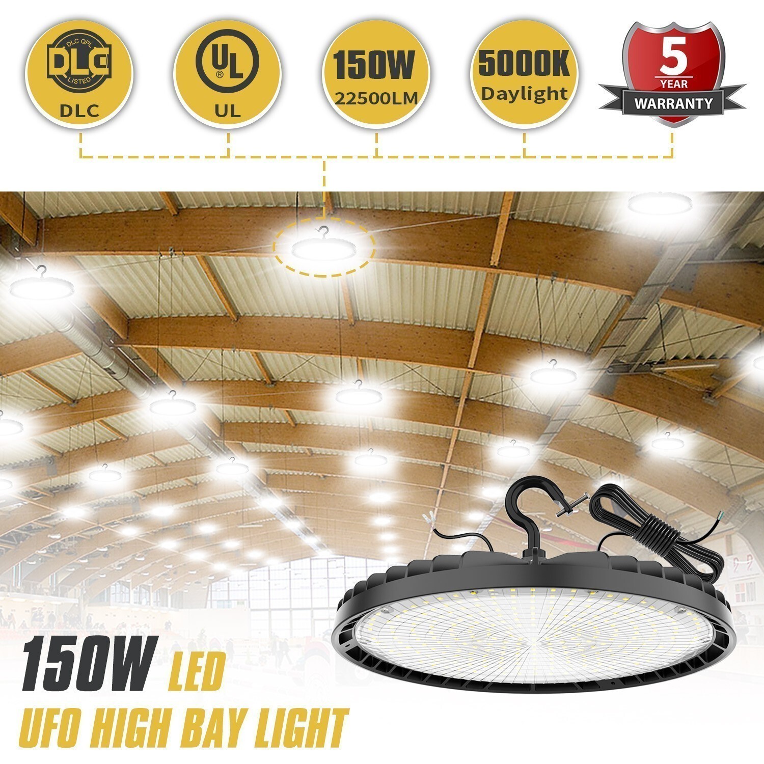 LED High Bay Warehouse Light 150W 120V Dimmable 22500LM Equivalent 600W MH/HPS