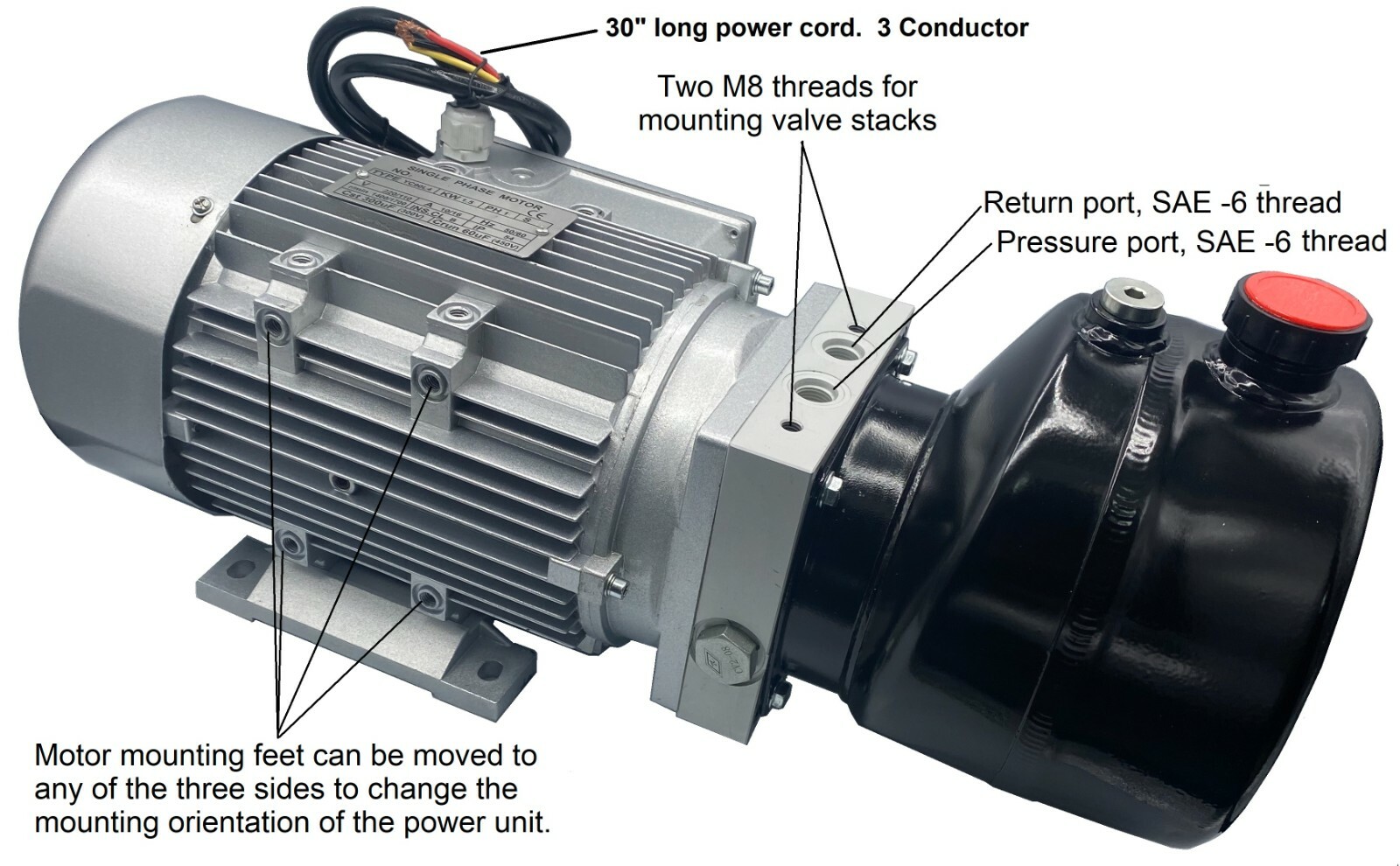 Hydraulic Power Unit 2hp: 1, 1.8 or 3.7 gpm 3000 psi, valve mount options