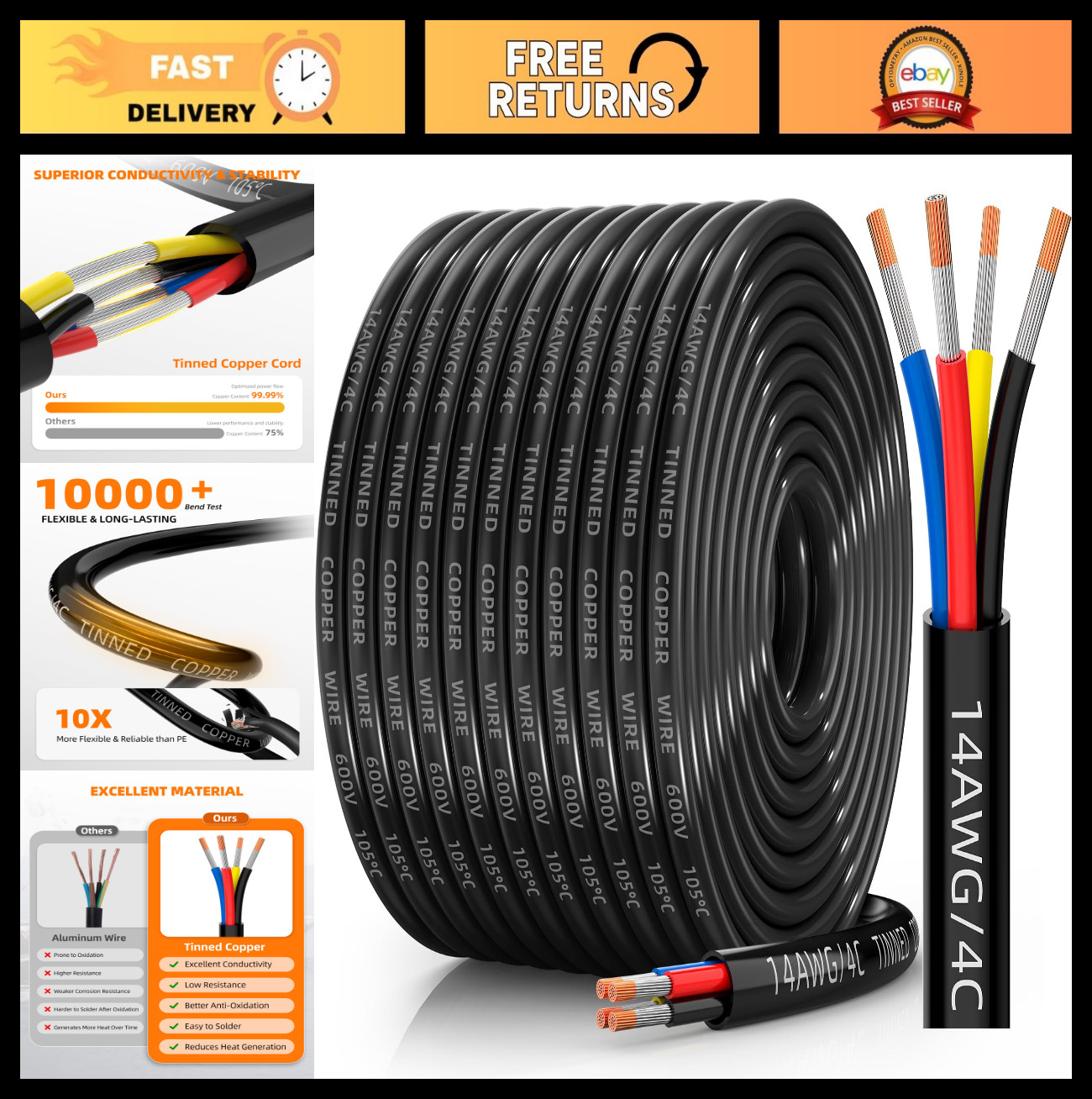 14 AWG 4 Conductor Tinned Copper Wire – Waterproof Flexible Low Voltage Cable 10