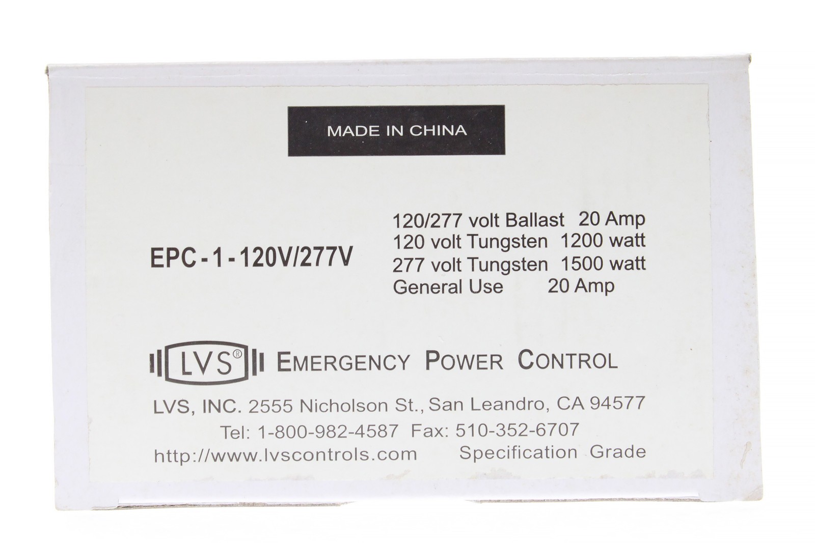 LVS CONTROLS EPC-1-120/277V EMERGENCY POWER TEST SWITCH, 120/277V, 1500W, 20A