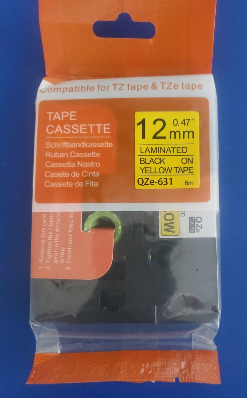 4 TZ & TZe Compatible Tapes – .47″ (12mm) X 8m – 1 Yellow, 1 White, & 2 Clear