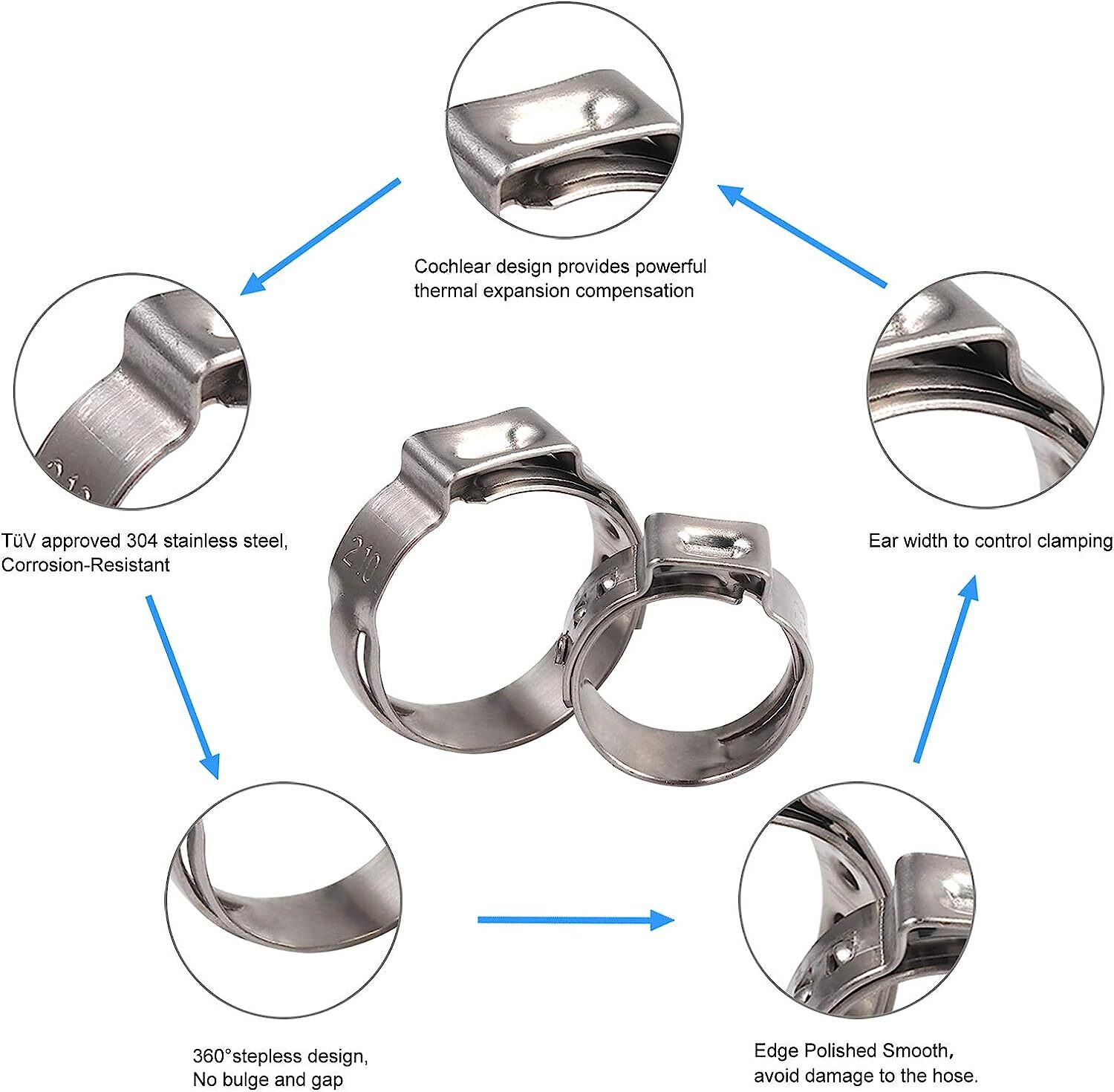 100PCS Assortment Hose Clamps Kit Stainless Steel Ear Cinch Ring Crimp Pinch Set