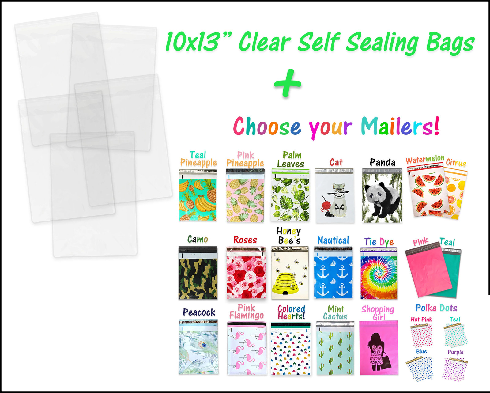200 Pack, 100 10×13″ Poly Mailers & 10×13 Clear Crisp Bags, Shipping Combo Pack