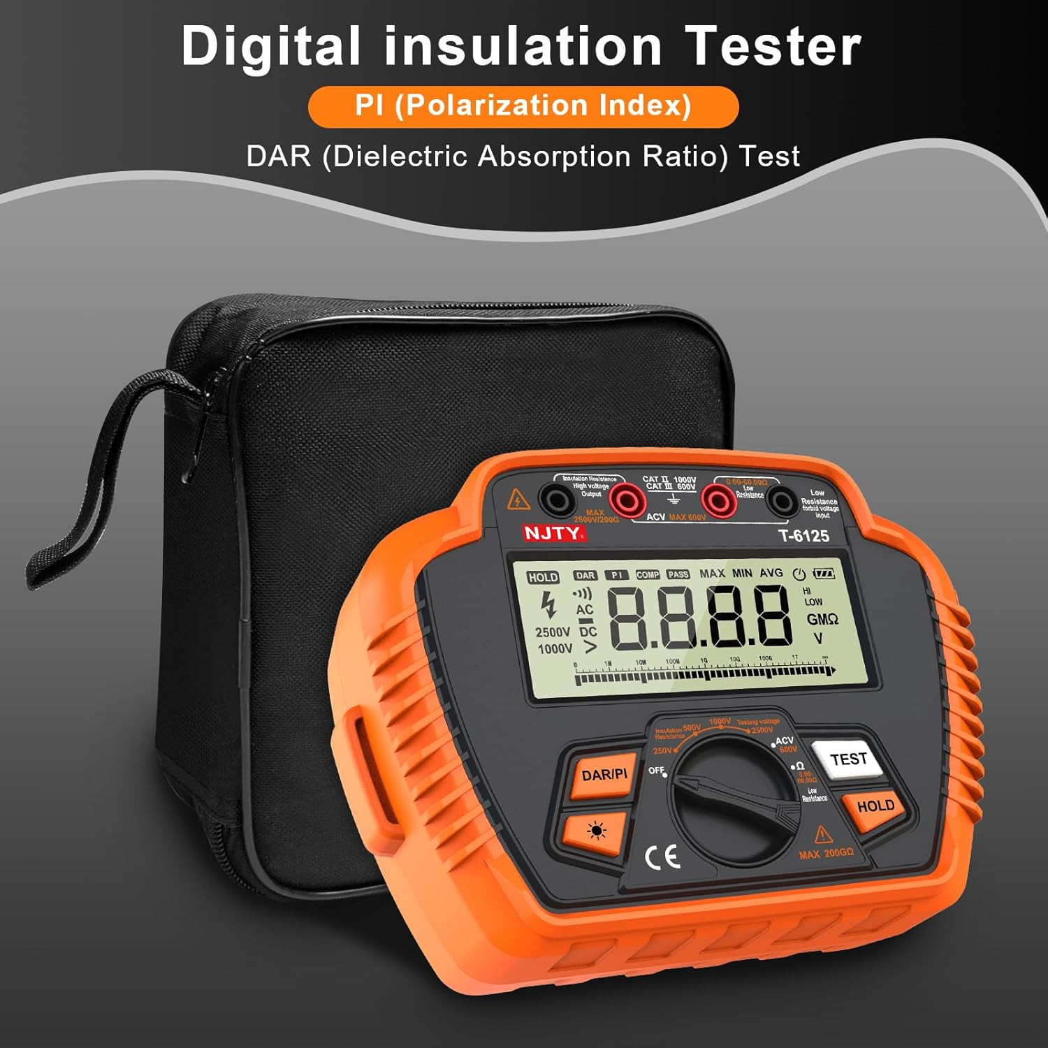 T6125 Digital 2500V Insulation Tester with Backlit LCD & Data Hold