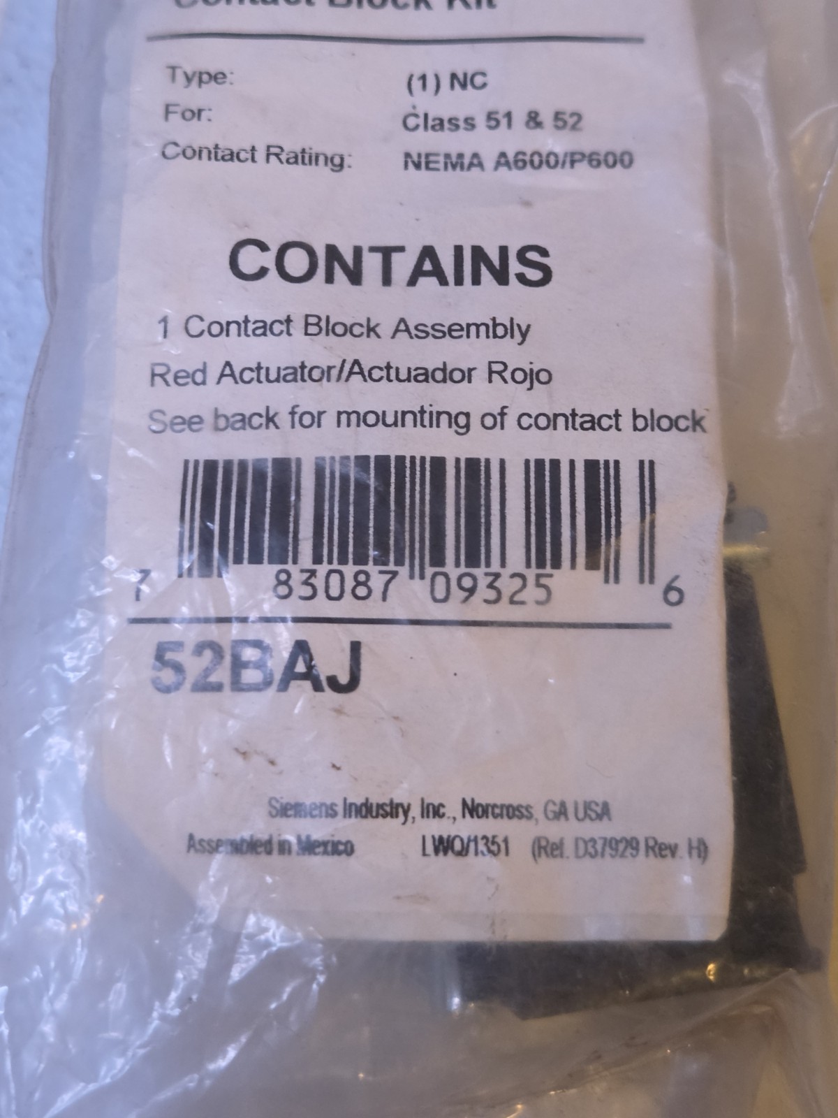 NEW Siemens 52BAJ Contact Block Kit 1 NC For Class 51 & 52 NEMA A600/P600 NIP