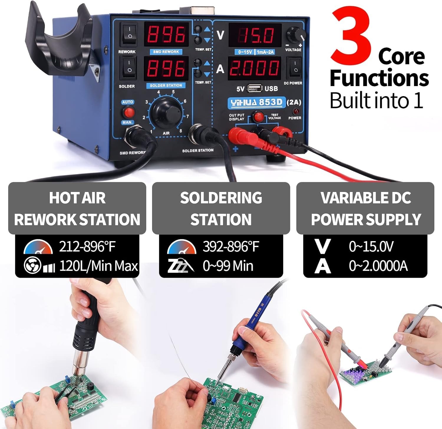 Versatile 3-in-1 Soldering, Rework, and Power Supply Station with PID Control