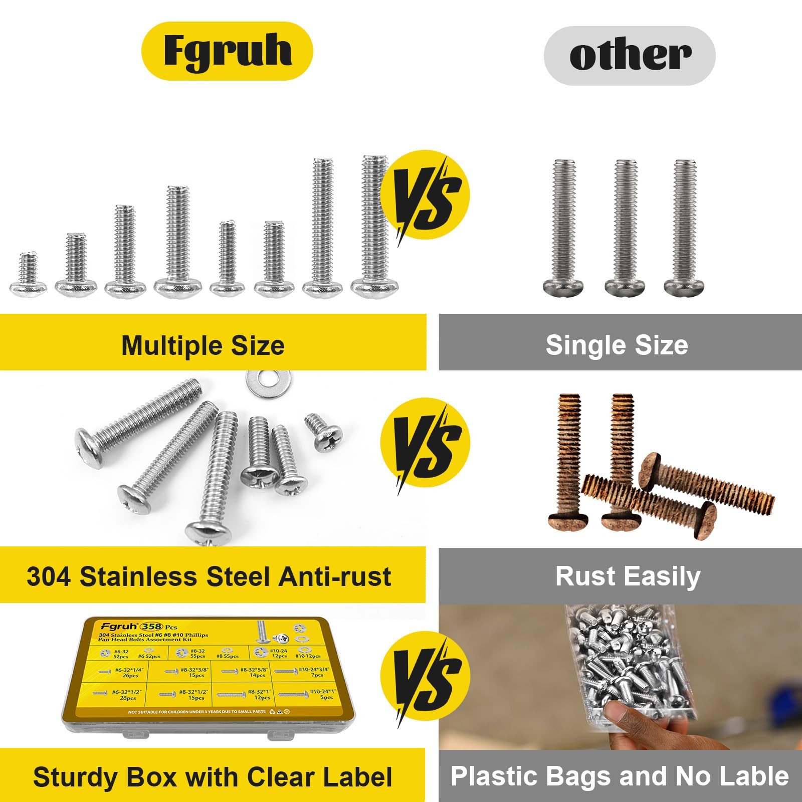 358PCS Machine Screws and Nuts Assortment Kit, #6-32#8-32#10-24 Phillips Pan