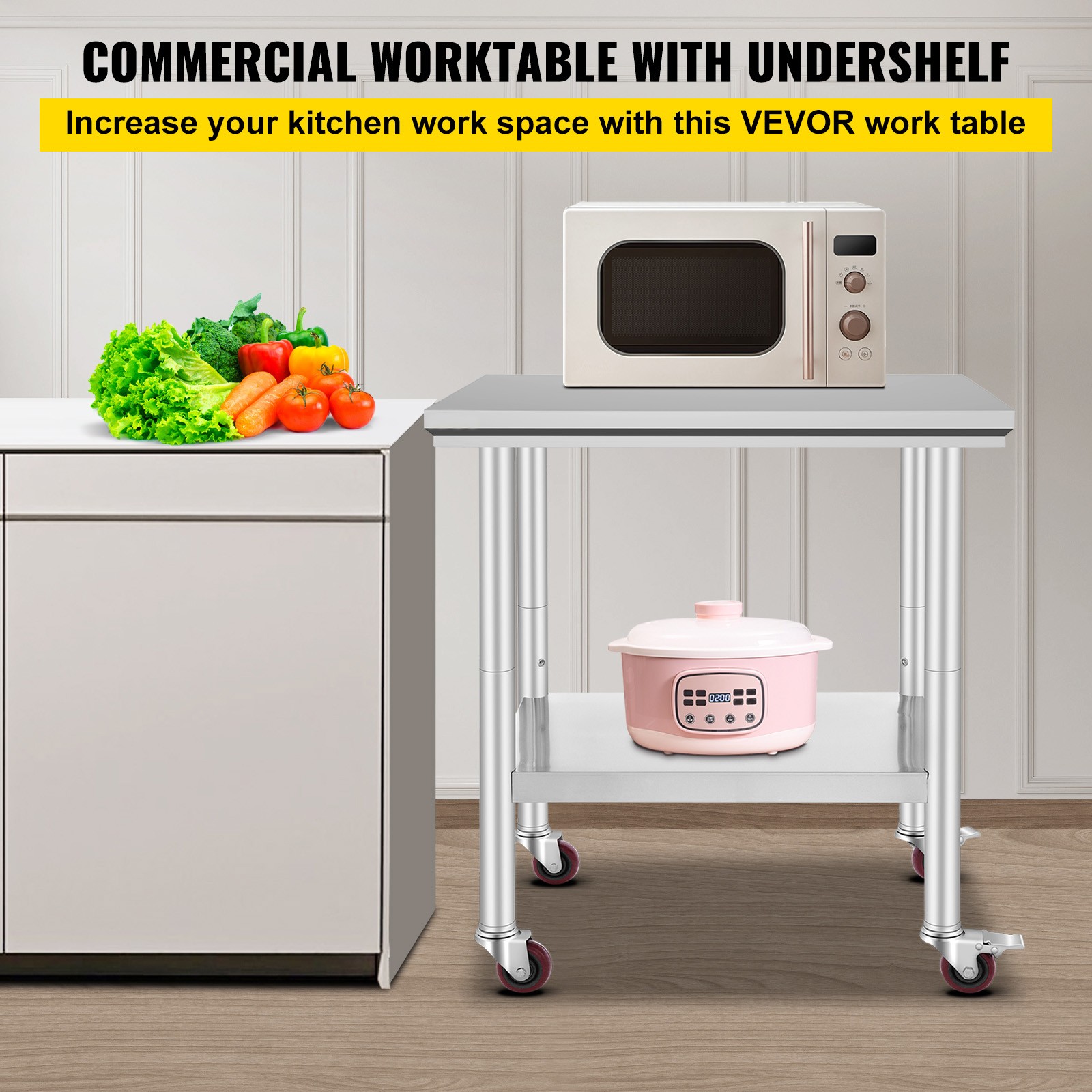 VEVOR Stainless Steel Work Table with Wheels 24×30 Inch Kitchen Food Prep Table