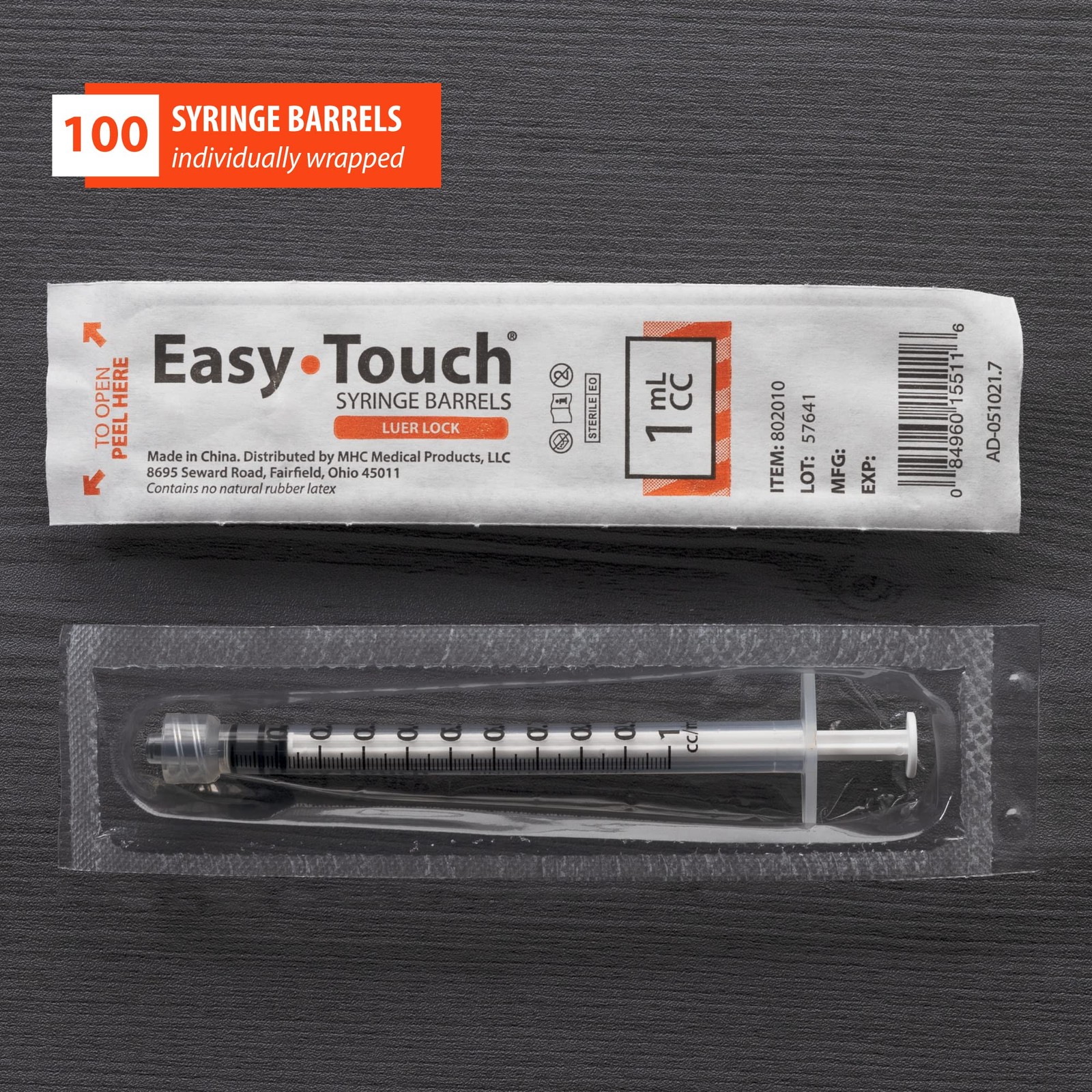 EasyTouch Luer-Lock Syringe Barrel, 1ML Syringe, Pack of 100 1 cc/ml, Blue