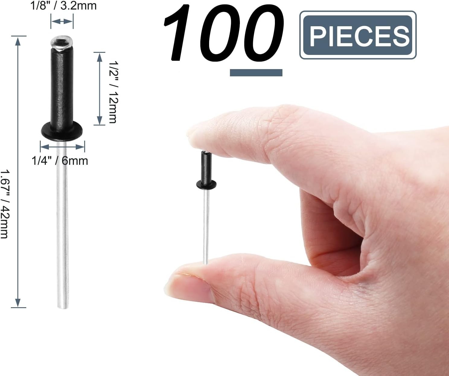 1/8″ x 1/2″ Black Pop Rivets Assortment – 100 Durable Aluminum Fasteners