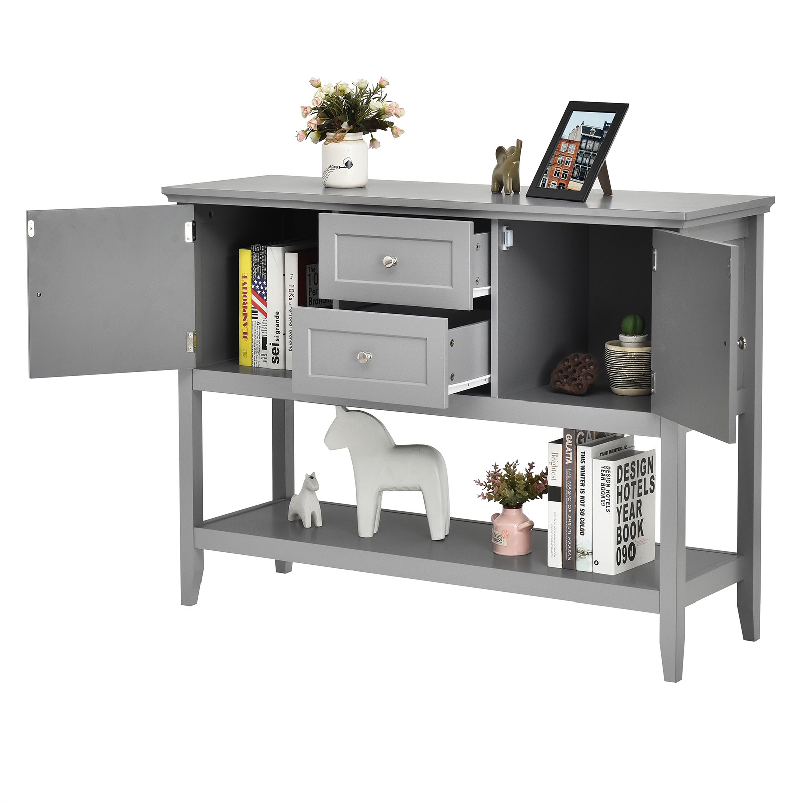 Costway Sideboard Buffet Table Wooden Console Table w/ Drawers & Cabinets Gray