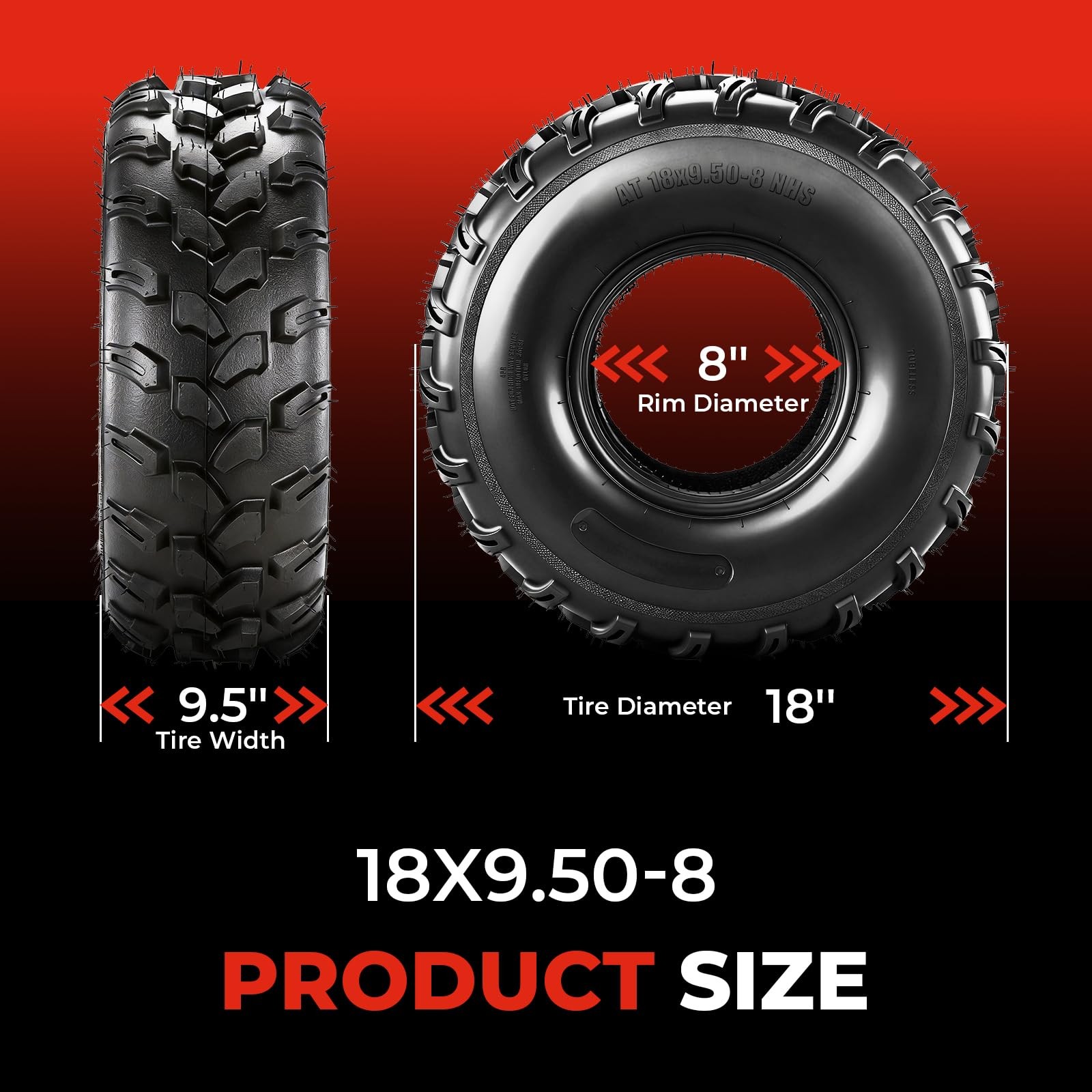 ATV UTV All Terrain Mud Tire 18×9.50×8 4 Ply Directional Tread Tubeless Set of 2