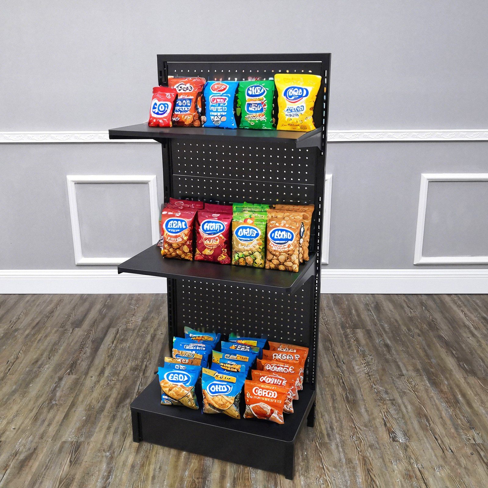 24.0″ Wide Gondola Rack Stand with Two Shelves Black Pegboard Display