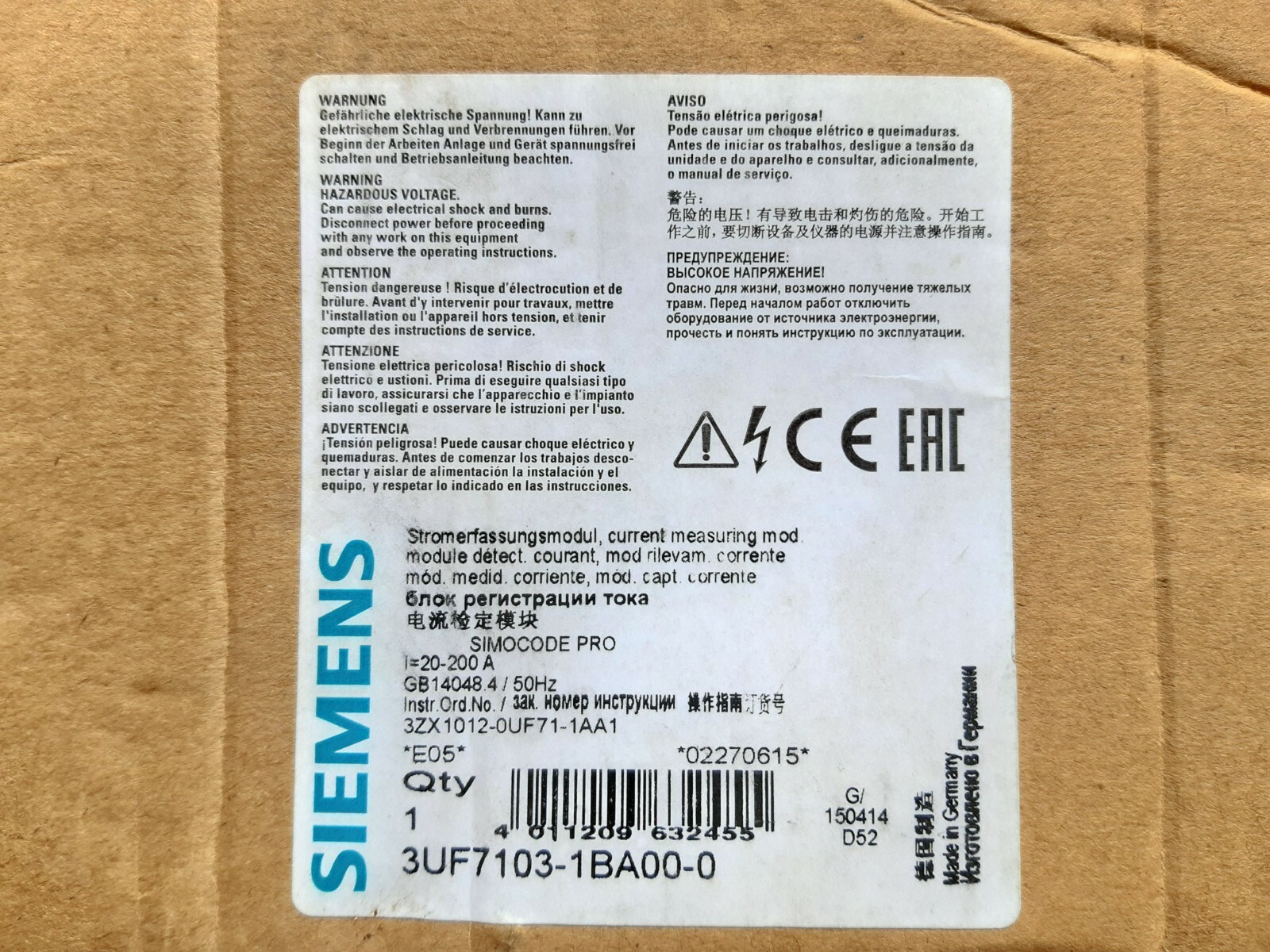 Siemens 20-200a current measuring module 3uf7103-1ba00-0
