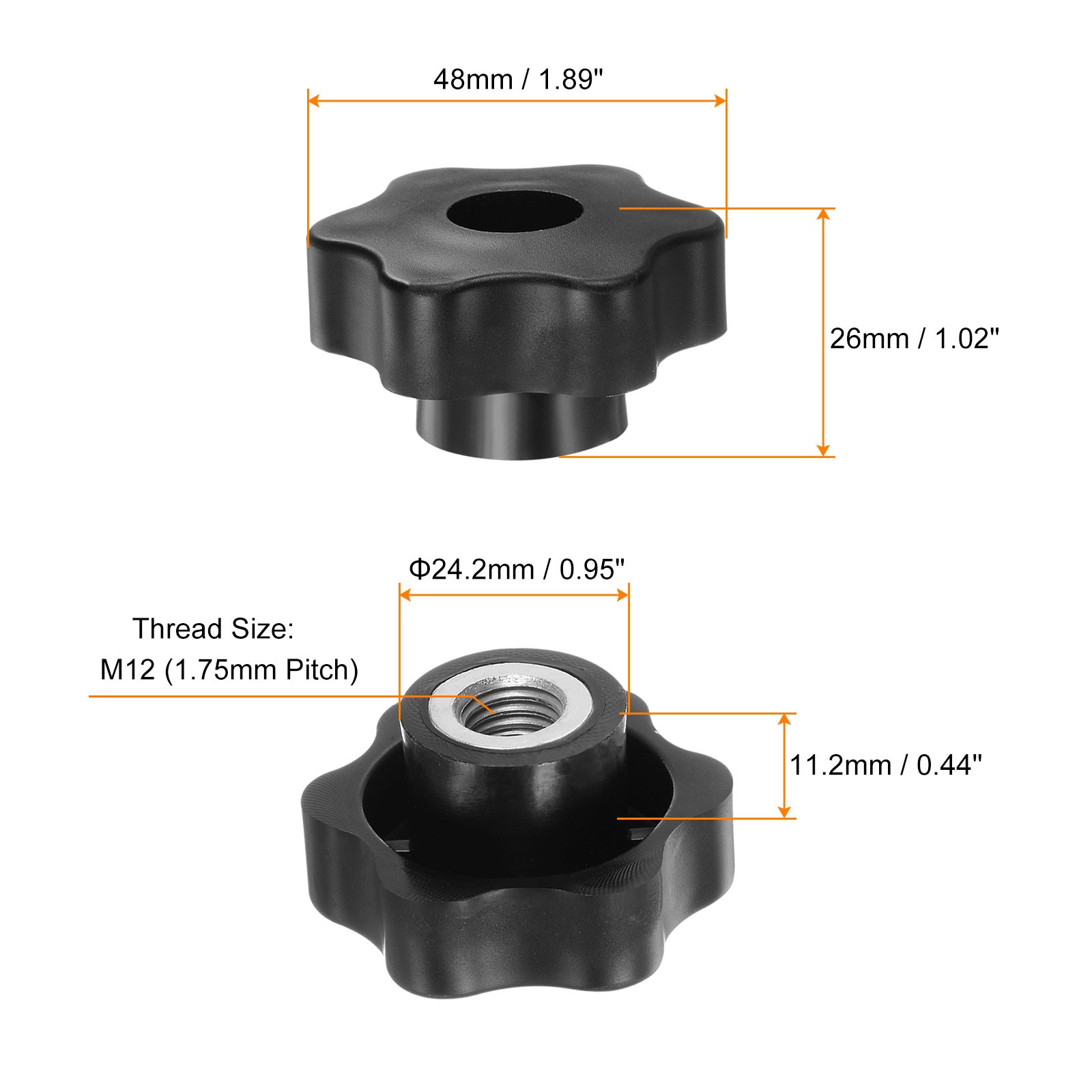 4 Pcs M12 Female Thread Black Star Knobs INDUSTRIAL Screw-in Clamping Handles