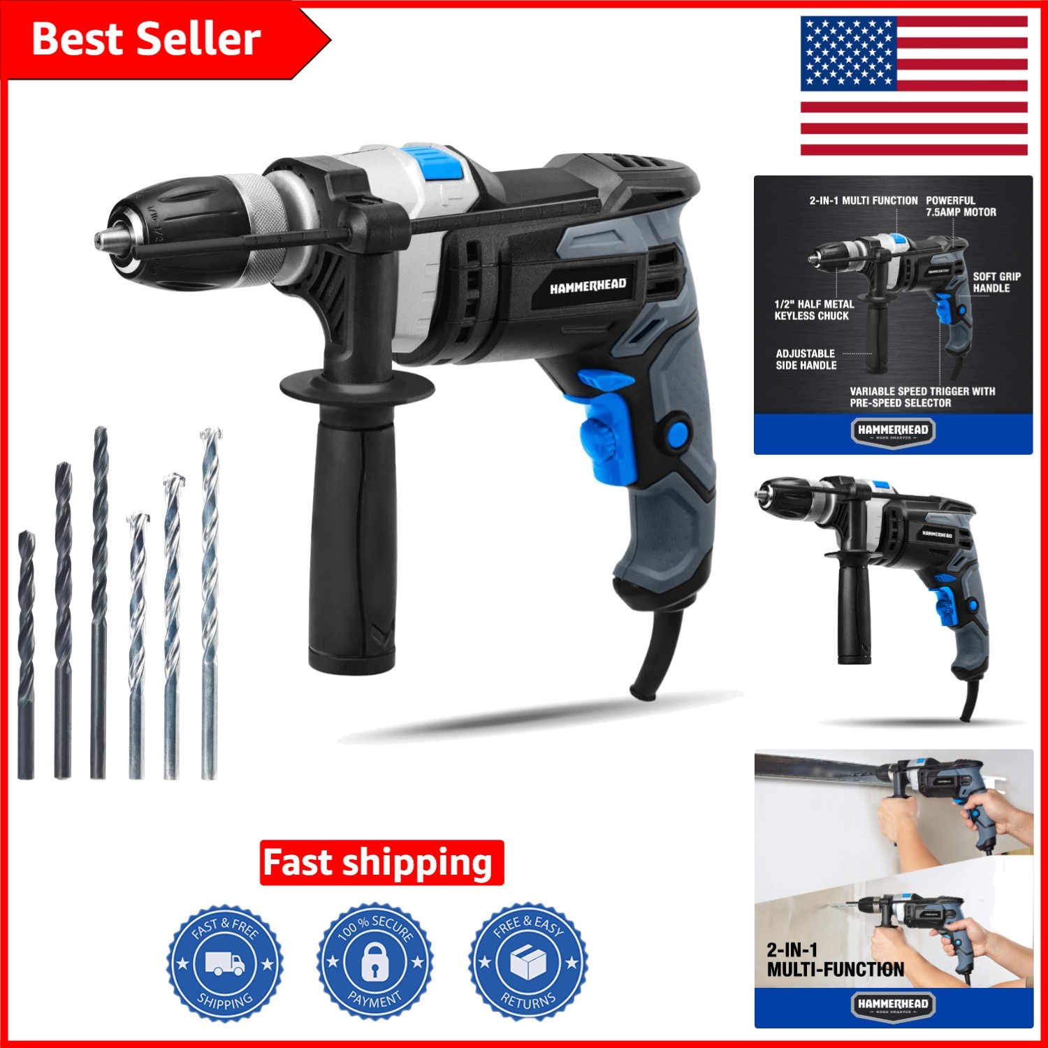 Multi-Function 1/2 Inch Hammer Drill – 7.5A Power & Variable Speed Control