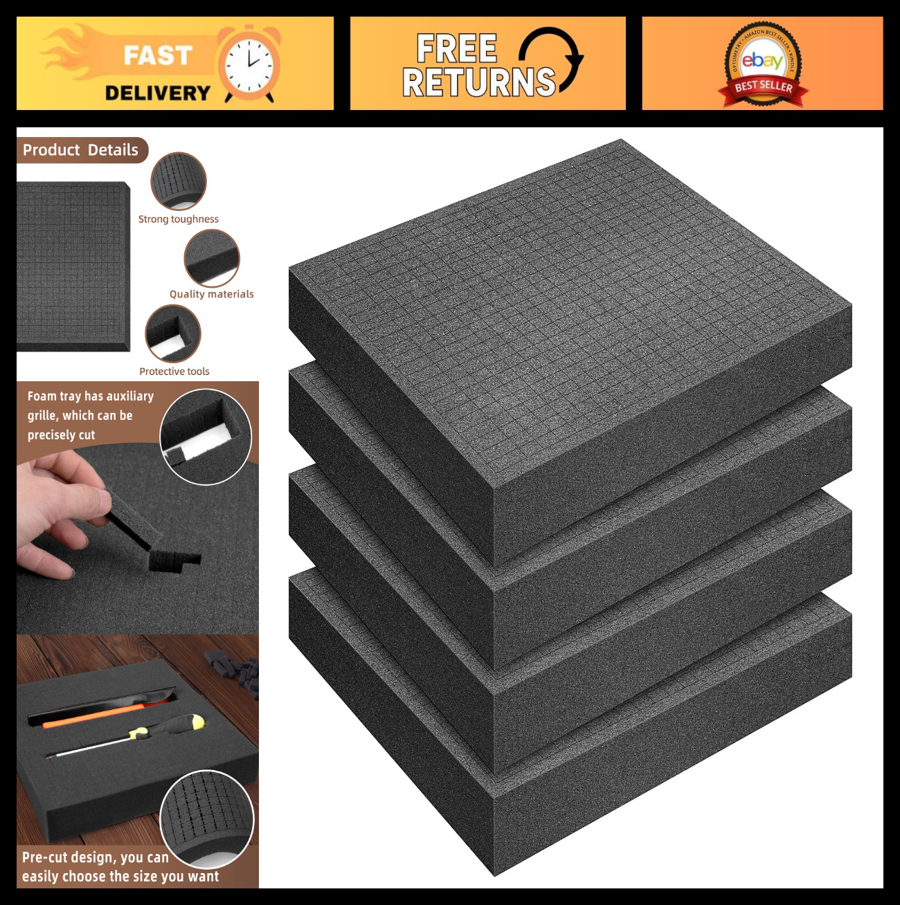 4 Pcs Pick and Pluck Foam Inserts 12x12x2 Inch – Customizable Storage for Board
