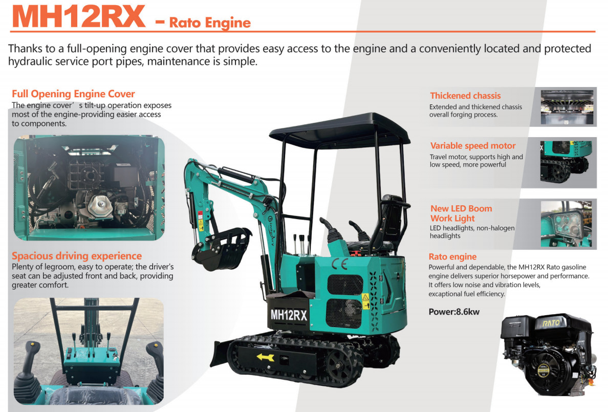 Agrotk Mini Excavator 13.5hp Gas Engine 860KG Digger Track Crawler Pilot Control