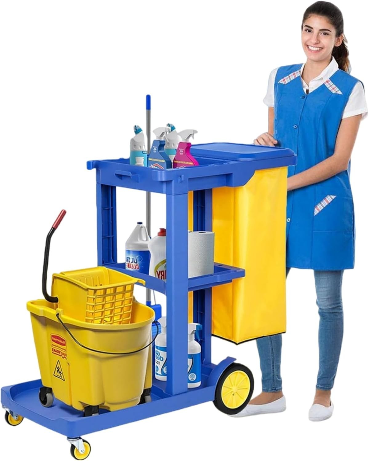Commercial Janitorial Cart, 3-Shelf Housekeeping Cart with 22 Gallon Vinyl Bag