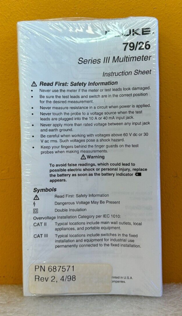 Fluke 687571 Rev 2, 4/98 79/26 Series II Multimeter Instruction Sheet Manual.