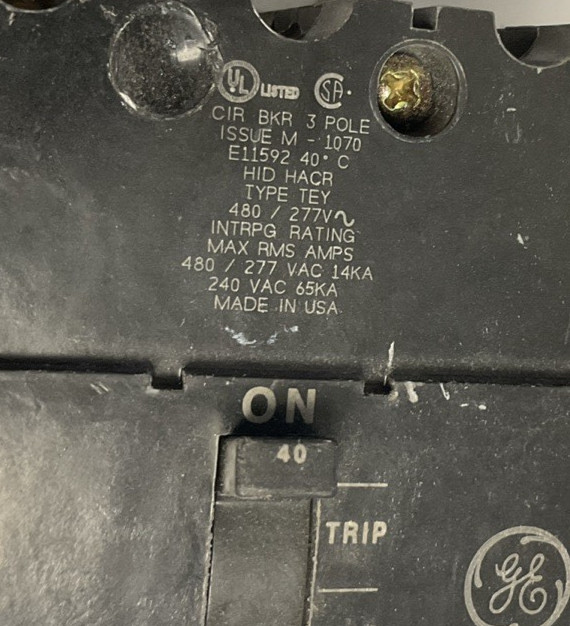 GE TEY340 CIRCUIT BREAKER 40A 480VAC 3POLE