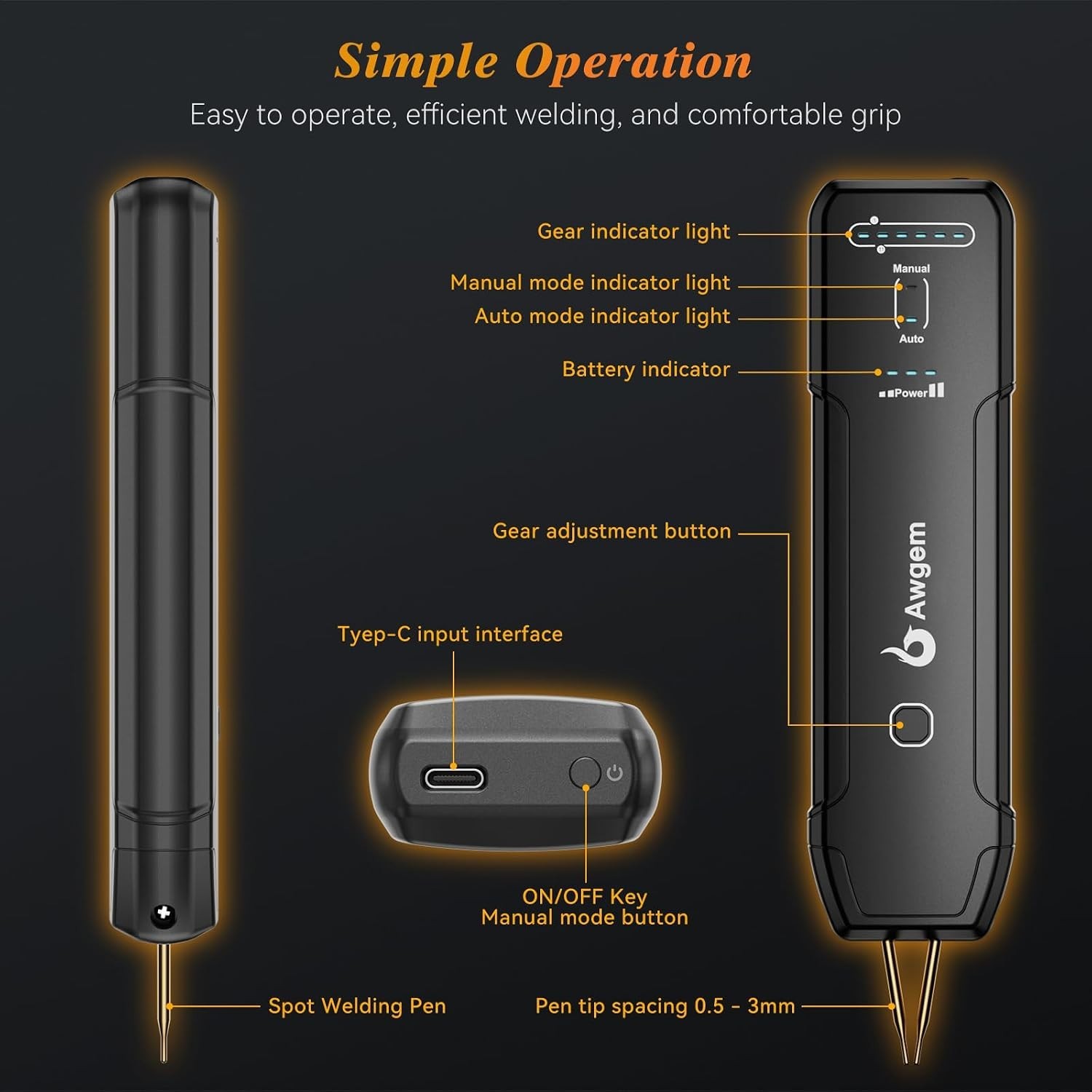 Awgem Handheld Portable Spot Welder 11 Gears Auto/Manual for 18650 Battery DIY