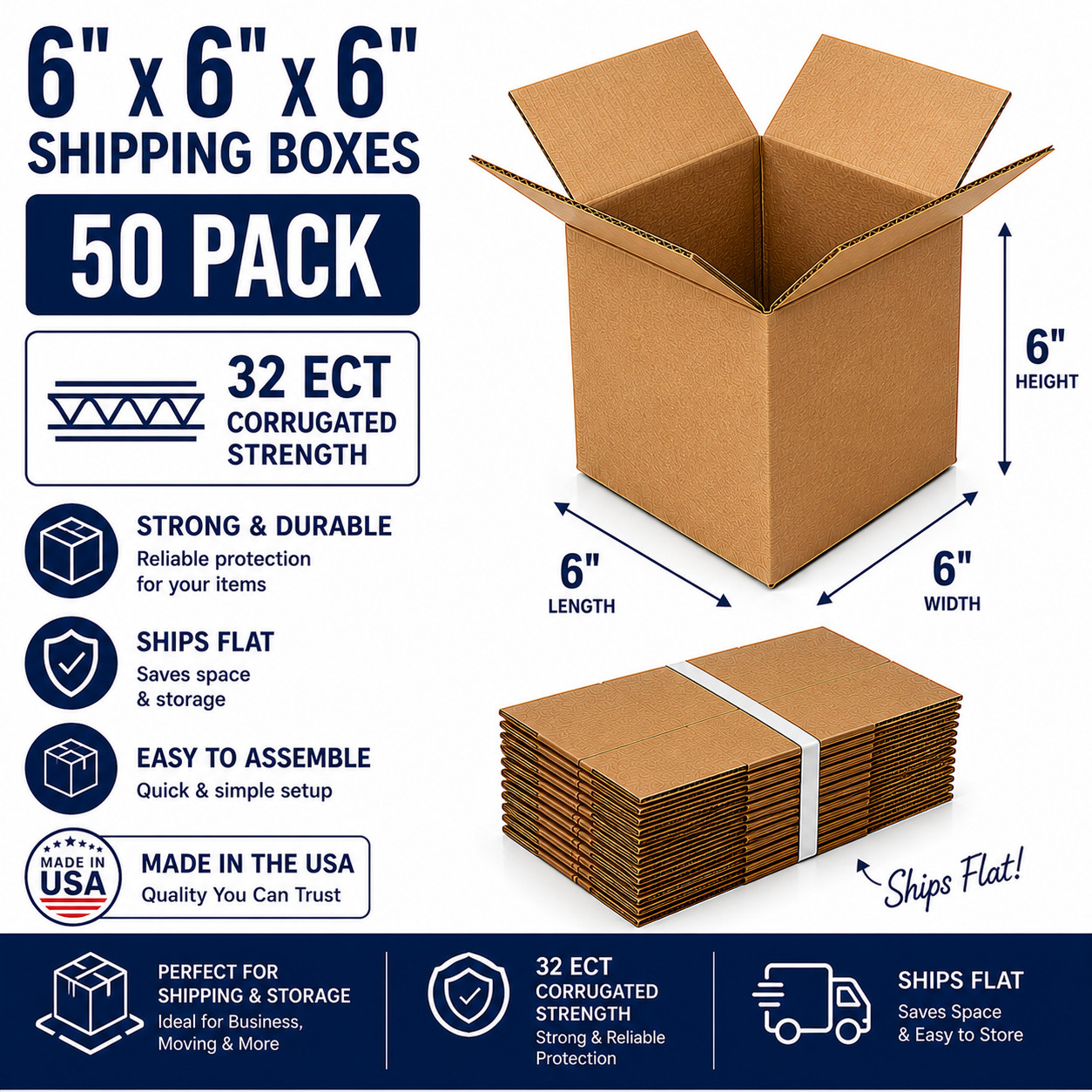 6x6x6 Shipping Boxes 32 ECT Corrugated Cardboard Mailing Boxes 50 Pack