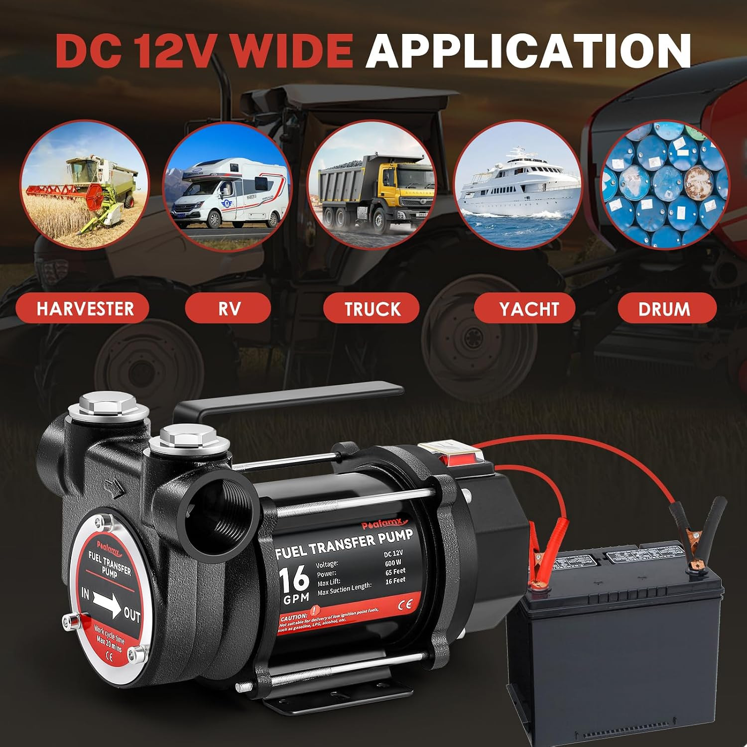 12V DC Fuel Transfer Pump, 16 GPM 600W Diesel Transfer Pump | Portable Self Prim