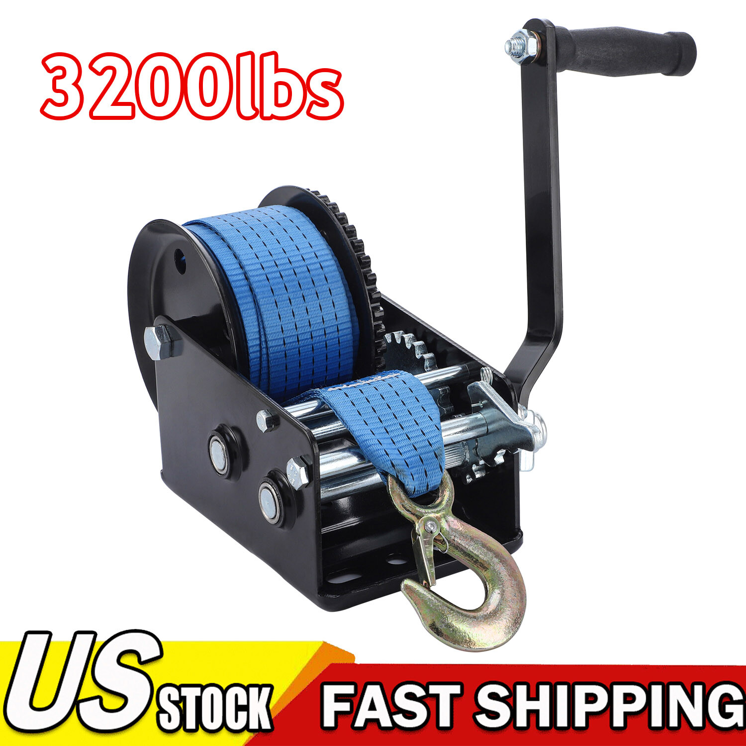 3200lbs Polyester Strap 2 Gear Hand Winch Hand Crank Gear Winch ATV Boat Trailer