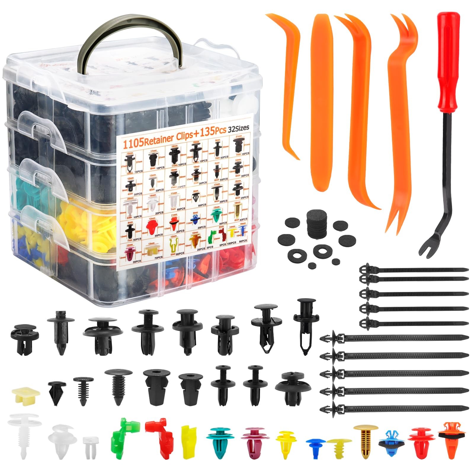 1240PCS Car Retainer Clips Kit- 32 Sizes Push Trim Fasteners & Remover Tool