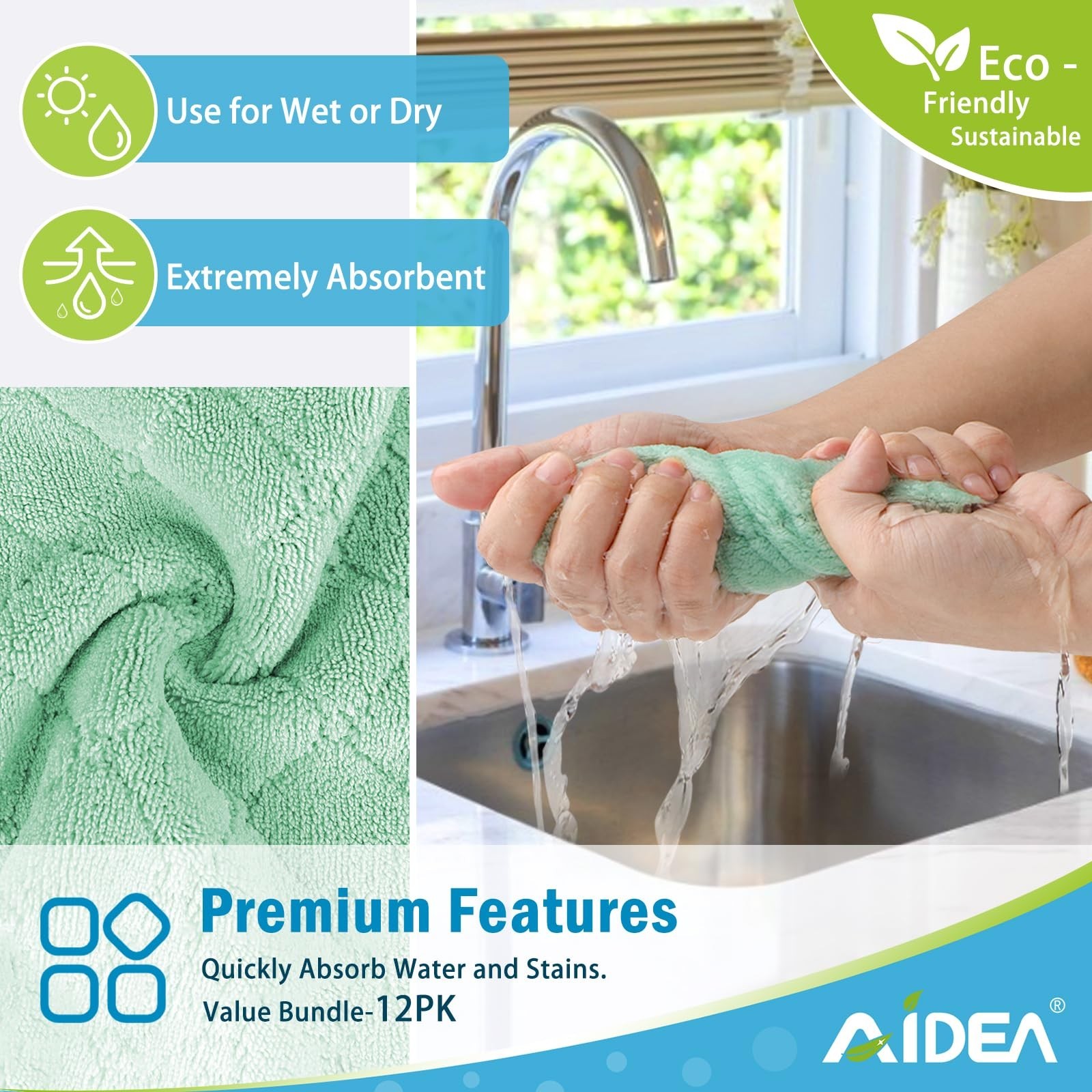 AIDEA Kitchen Towels, 12 Pack Absorbent Coral Fleece Dish Towels, No Odor Reu…