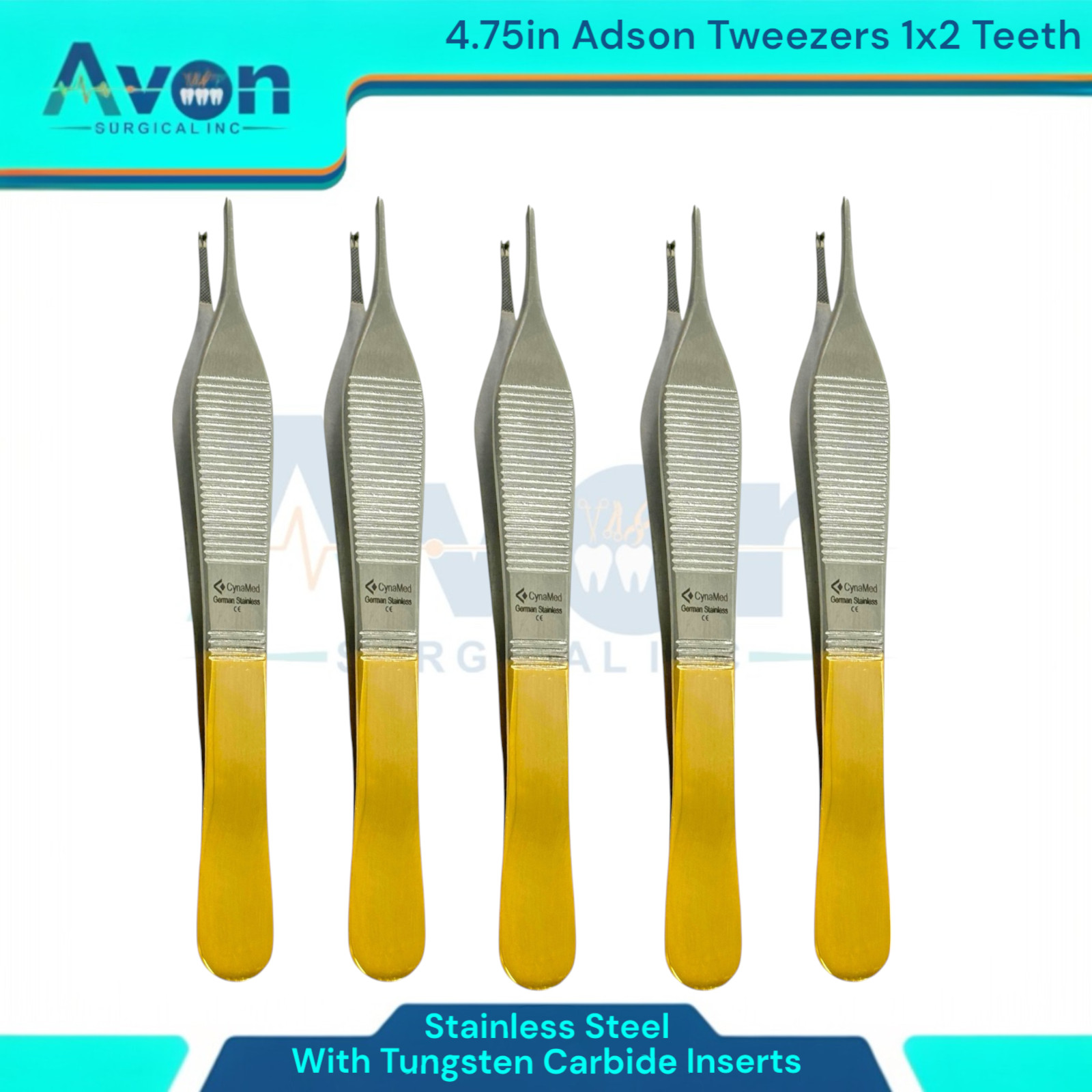 Gold Handle 1×2 Teeth Adson Tissue Forceps, 4.75in, w/ TC Inserts – German Steel